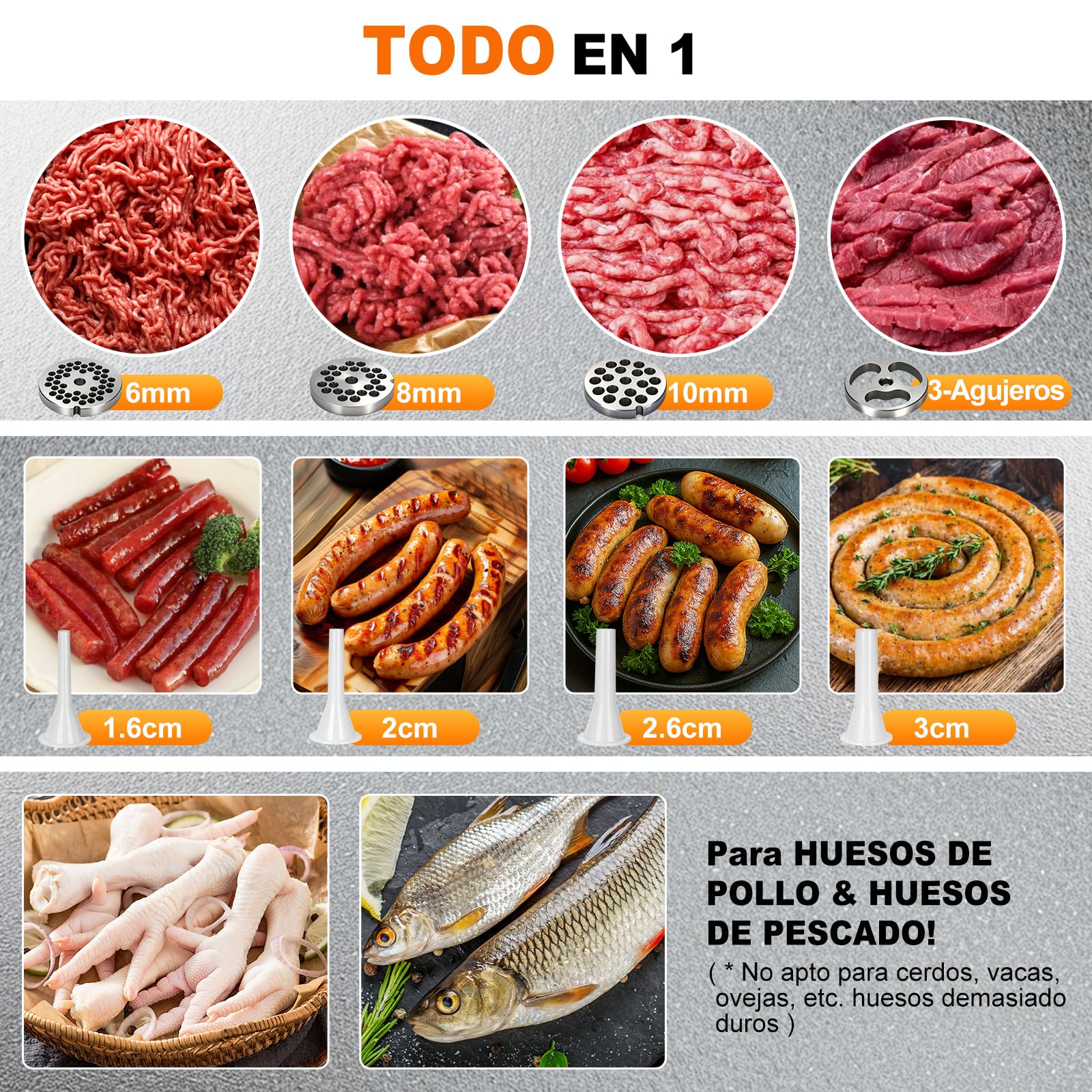 Anatole Picadora de Carne Eléctrica Comercial 1100W Acero Inox Integral | Triturador de Huesos, Apto para Lavavajillas, 4 Placas, 2 Cuchillas, 4 Embutidora de Salchichas, para Restaurante Casa, 220V