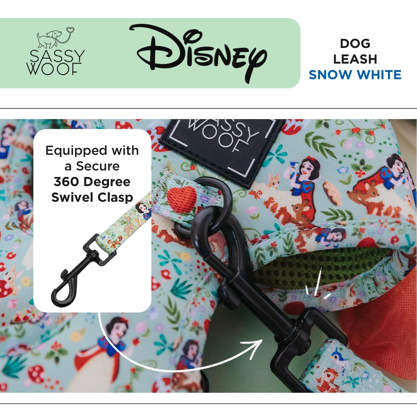 Sassy Woof Disney - Correa para perro Blancanieves de 60 pulgadas con diseño patentado y mango acolchado de neopreno, cómoda, duradera y elegante para perros pequeños a grandes