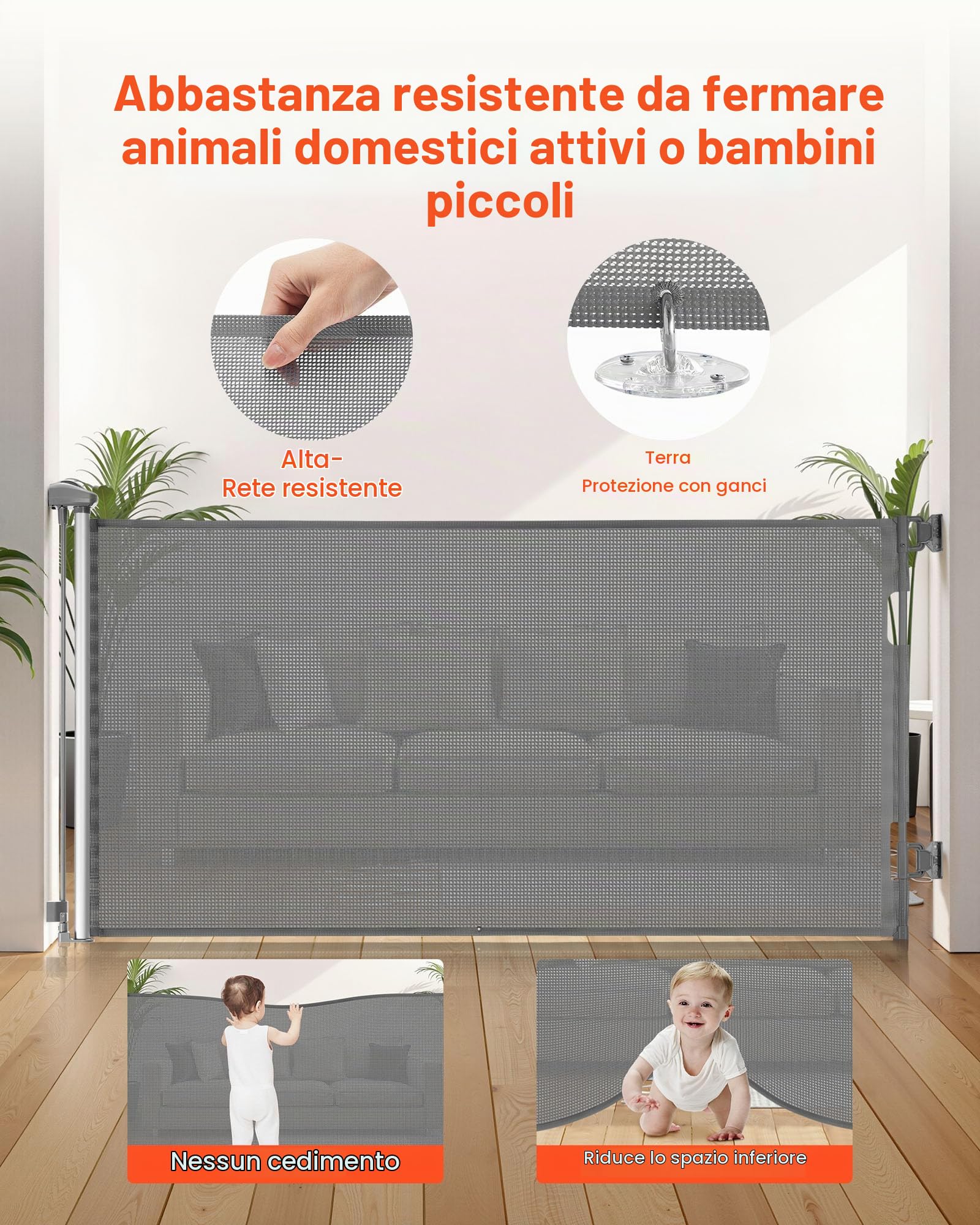 VEVOR Cancelletto Retrattile, Estensibile Fino a 1430 mm di Larghezza, 795 mm di Altezza, con Blocco di Sicurezza, Attraversabile Senza Inciampare, Cancelletto in Rete per Cani Scale, Grigio