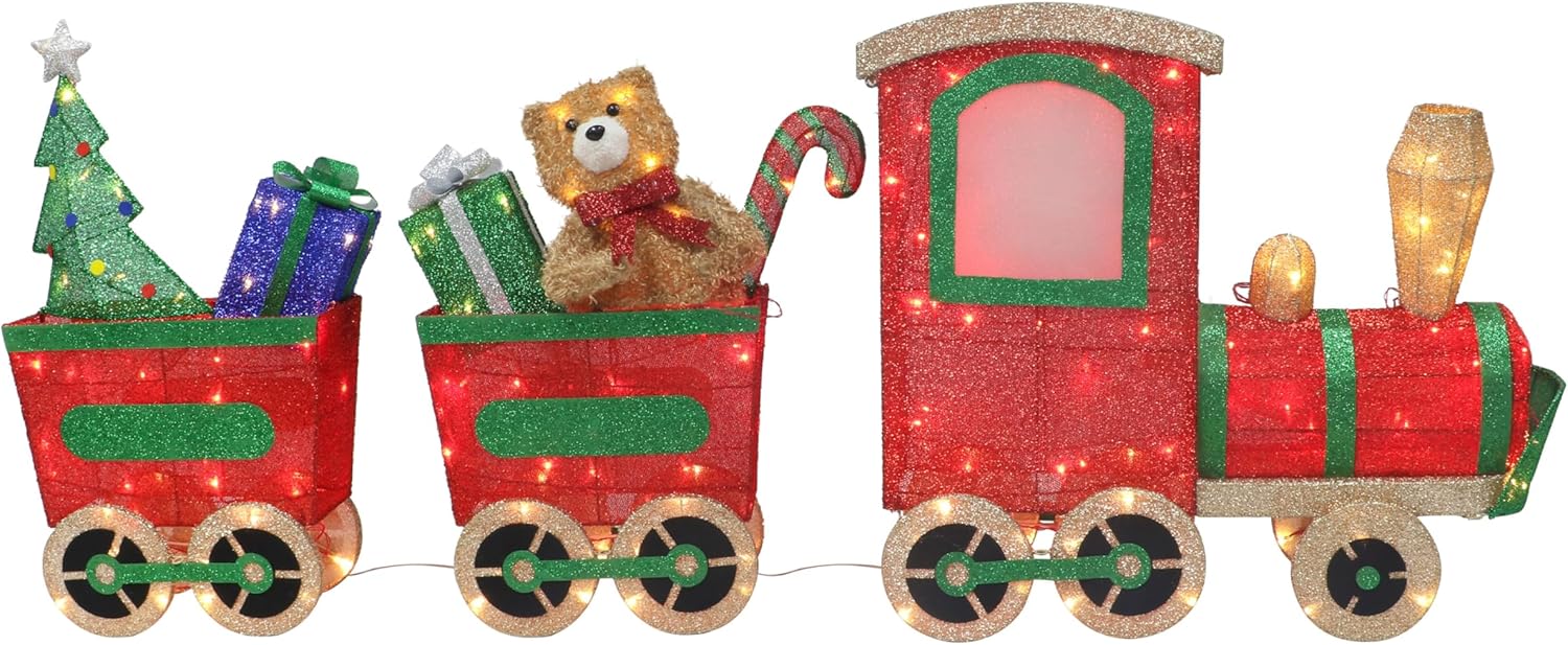 Puleo International Lighted Wire Frame Presents Outdoor Train, Red