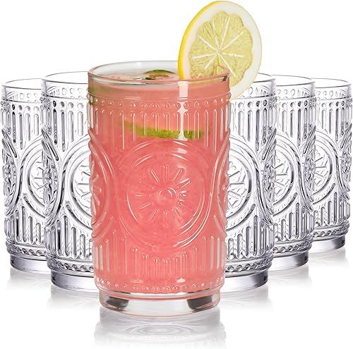 Juego de 6 vasos de cristal acanalados, vasos vintage con diseño de flores de 14 onzas, vaso de agua romántico en relieve, juego de cóctel, vaso de