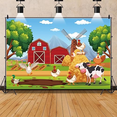 Telón de fondo rojo de granja de animales de granja para niños, decoración de fiesta de primer cumpleaños, dibujos animados, granero, vaca, fondo de