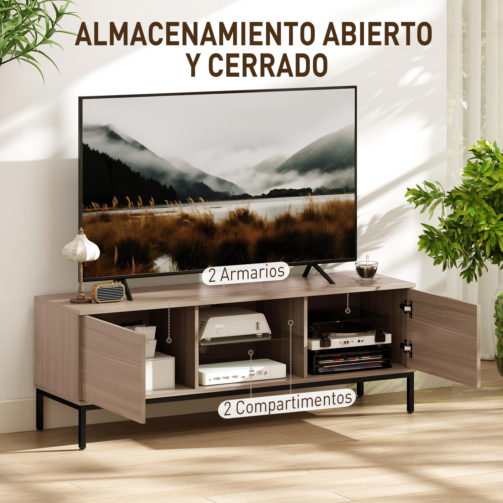 HOMCOM Mueble de TV Moderno Mueble de TV para Salón con 2 Compartimentos Abiertos 2 Puertas Estante de Cristal Ajustable y 2 Orificios para Cables para Televisión hasta 60 Pulgadas 140x40x49,5 cm Gris