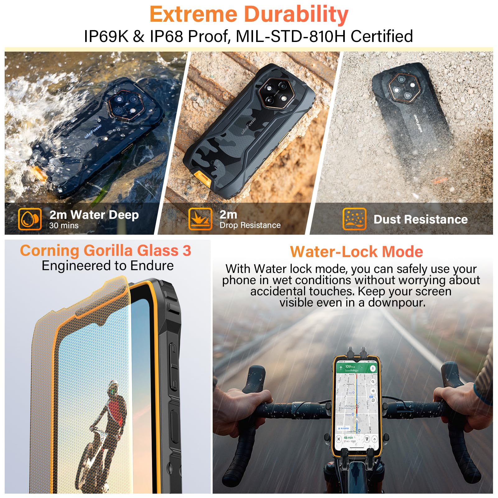 Ulefone RugKing 4 Pro Cellulare, 10200mAh Batteria AI Telefono Impermeabile 48MP+8MP 16GB+128GB/SD-2TB, Android 15 Octa-Core Rugged Smartphone 6.56" 120Hz/120LM Super Torcia/3-Slots/OTG/NFC/GPS Nero