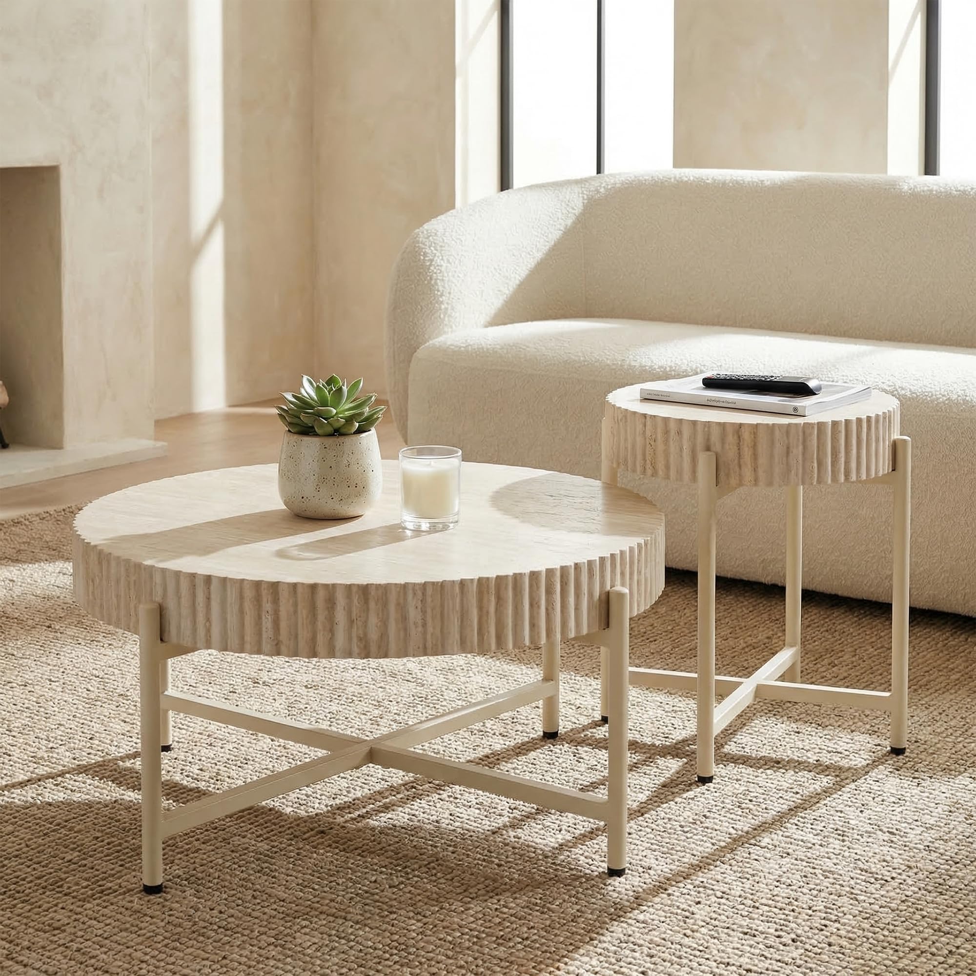Beistelltische 2er Set, Moderne Metallgestell Beistelltische mit Travertinoptik Tischplatte, Sofatisch für Wohnzimmer, Schlafzimmer und Büro