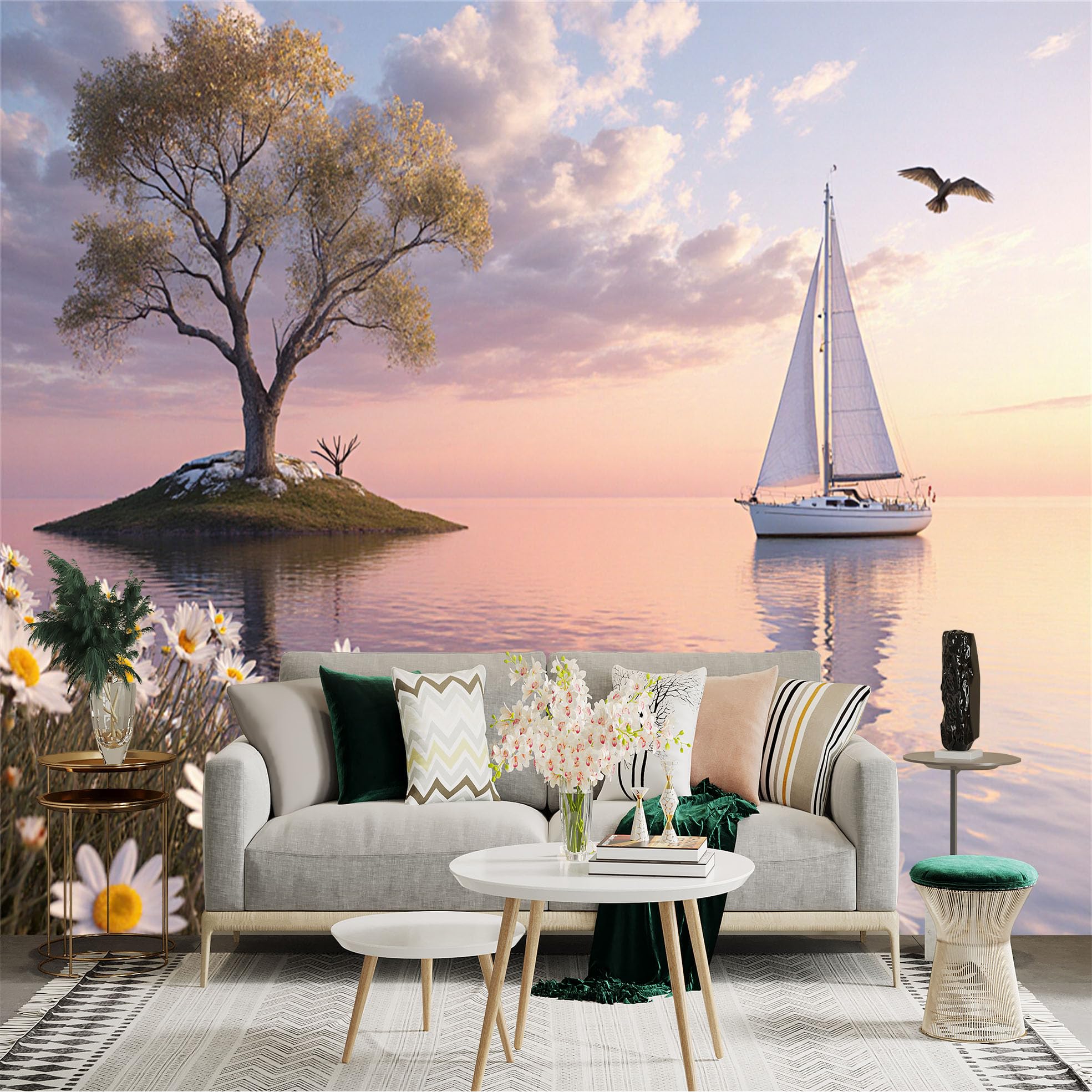 Custom Size Wall Sticker Mural， Scenic Sailboat on Calm Lake， Lonely Tree on Island， Beautiful Floral Shoreline， Peaceful Sunset Scenery， for wall Decoration， peelandstick wall Decals.