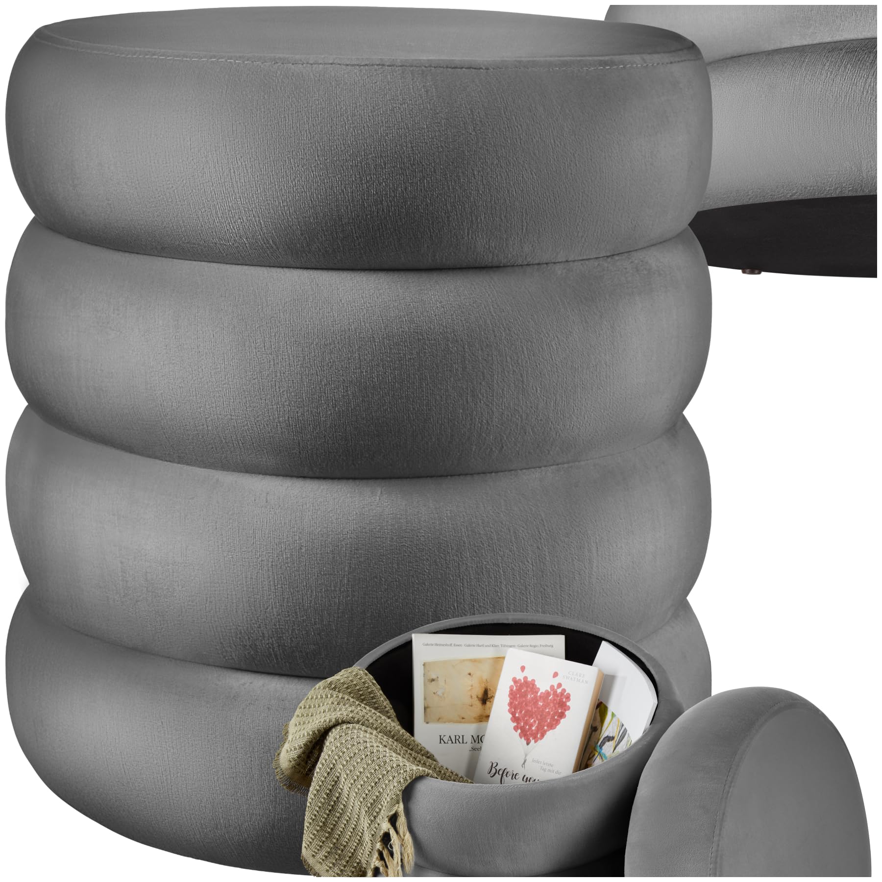 Grey velvet storage ottoman in a modern living room setting