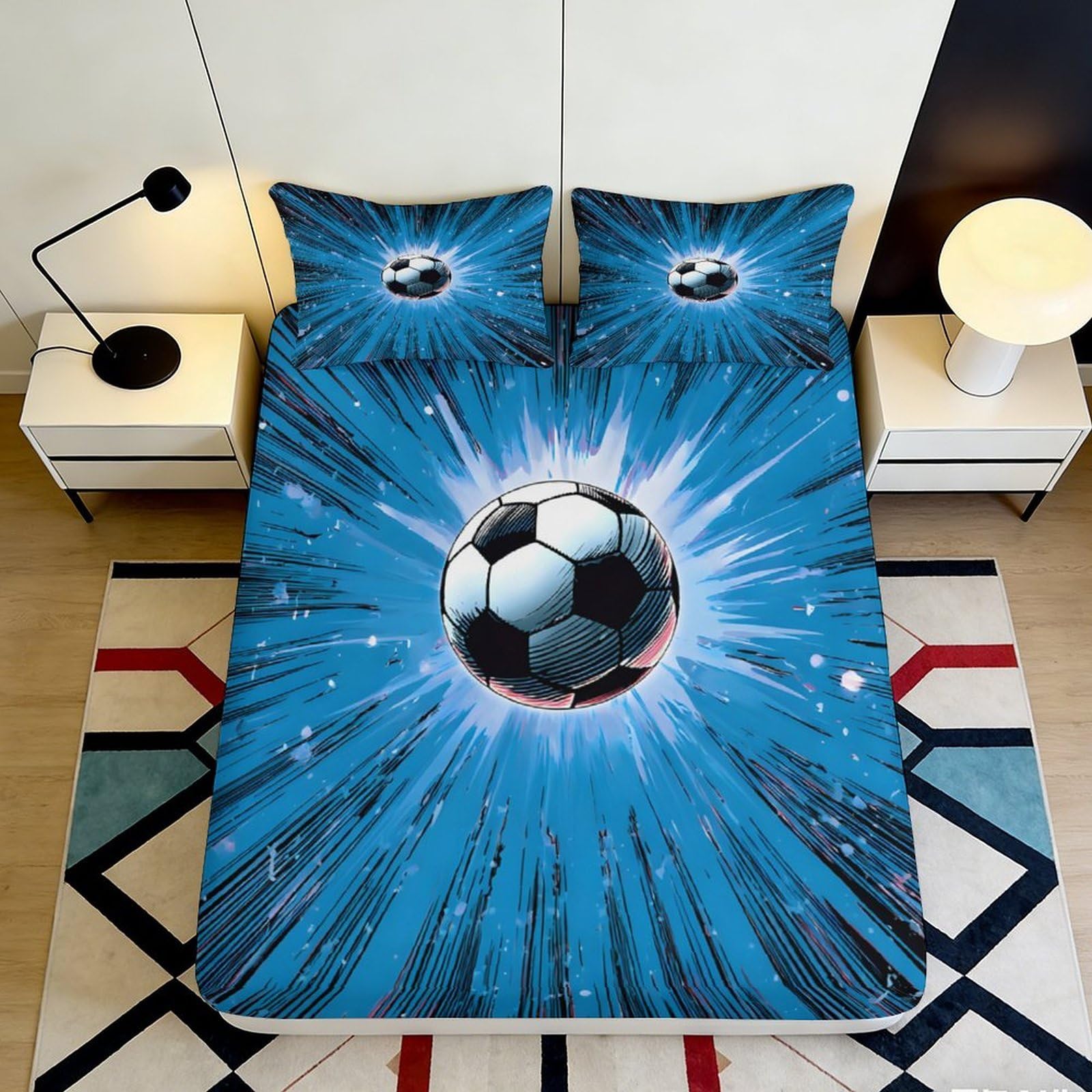 3D Printed Soccer Explosion Fitted Sheet Microfiber Blue Bed Cover for Bedroom Guest Room Mattress Protection 120x200x25cm