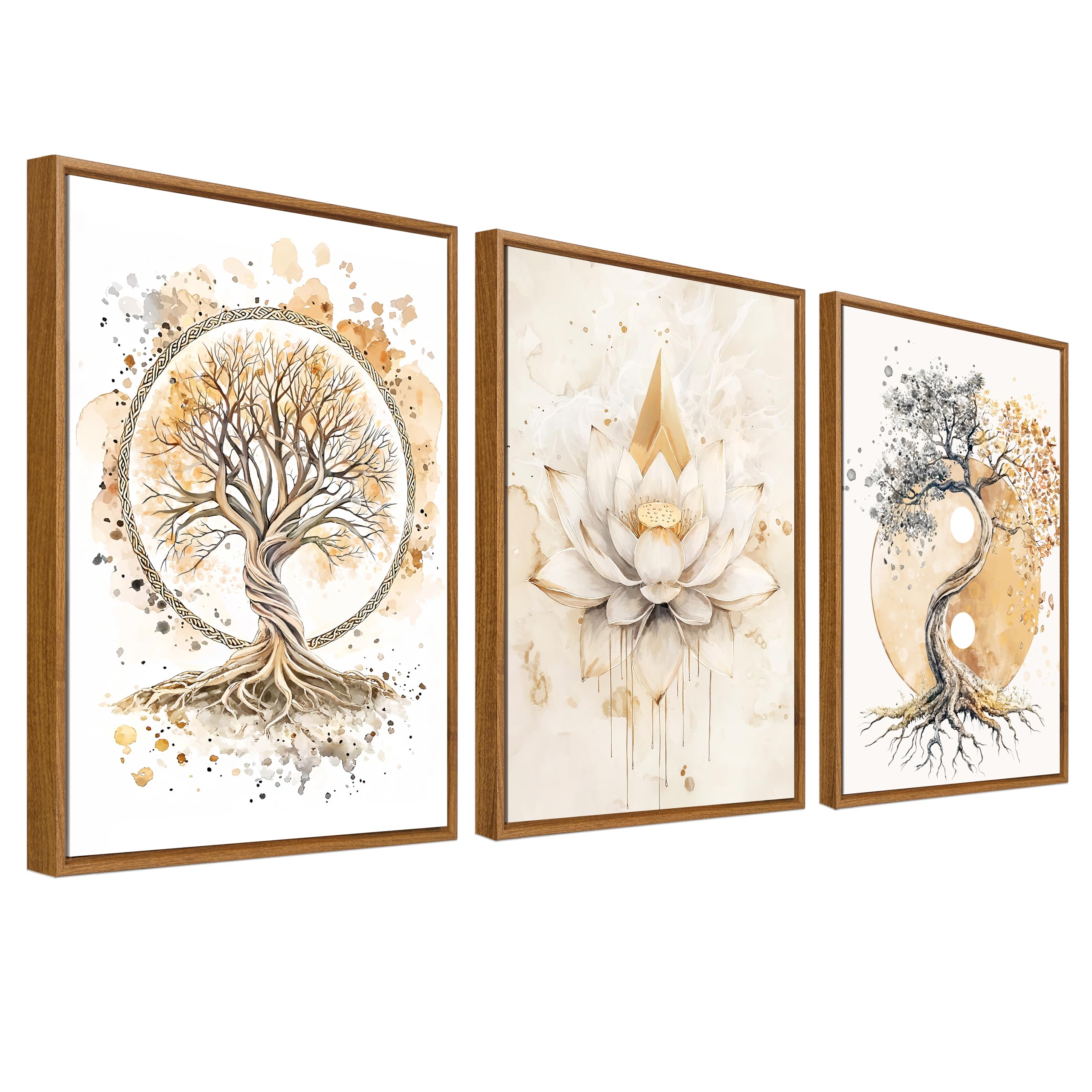Framed Canvas Wall Art Set of 3 Tree Of Life Yin Yang Painting Prints for Wall Poster Zen Buddhism Beige Lotus Flower Pictures for Living Room Bedroom Hallway 30x40cm x3pcs (No Acrylic Glass) โ image 1