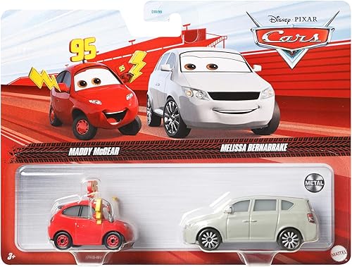 Miniatura 2 de Disney Cars Toys and Pixar Cars 3, Maddy McGear & Maddy's Dad 2 unidades, a escala 155, vehículos de personajes favoritos para carreras y narración