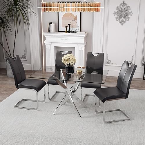 Miniatura 18 de Juego de mesa de comedor de 5 piezas, juego de mesa de comedor de vidrio templado para 4 mesas de cocina con 4 sillas tapizadas para cocina y Mesa