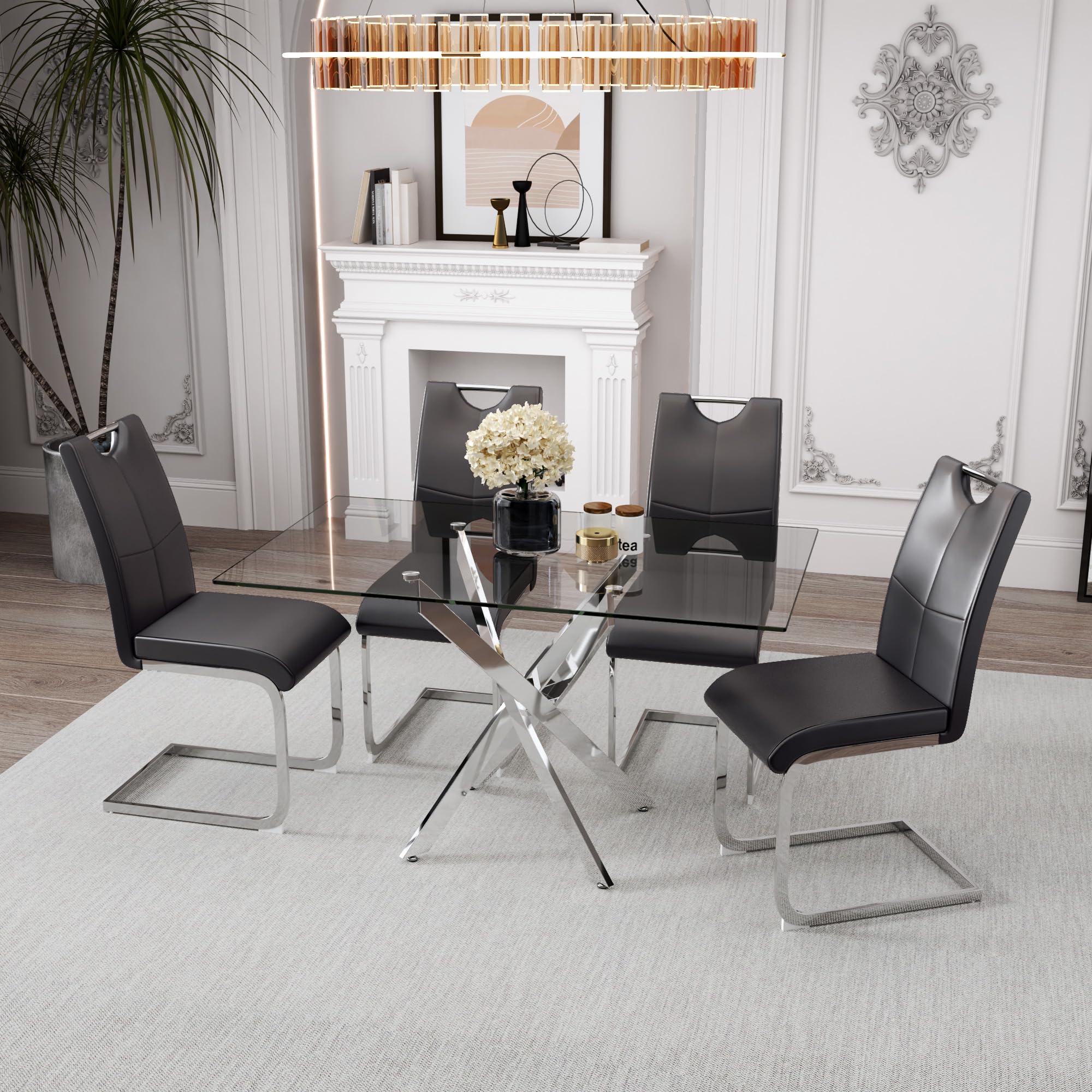 5 Piece Dining Table Set for 4, Modern Tempered Glass Kitchen Table with 4 Upholstered Chairs and Faux Leather Cushions, Space-Saving Small Apartment Dining Kitchen Room Set