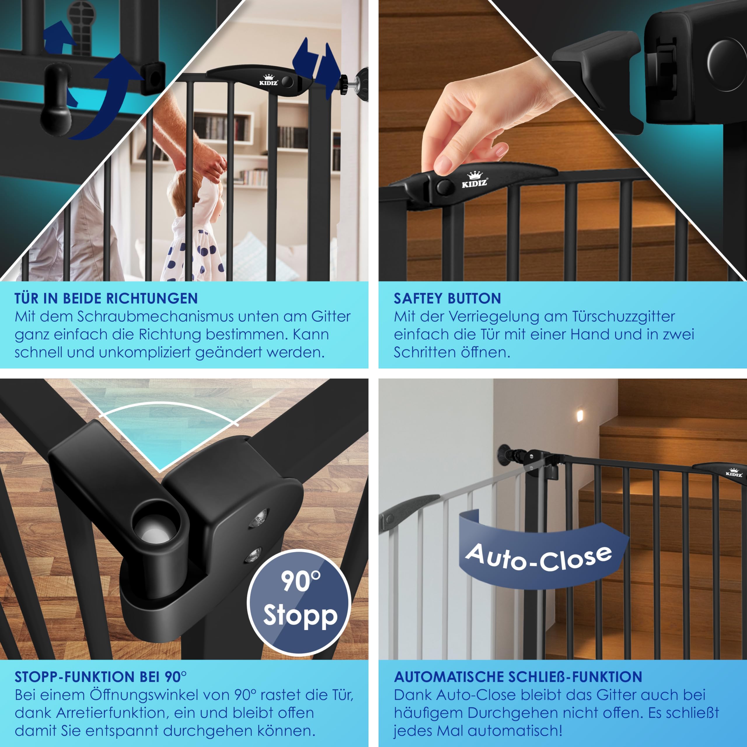 KIDIZ® Griglia di Protezione per Porte e Scale, per Bambini, Senza forature, orientabile su Entrambi i Lati,