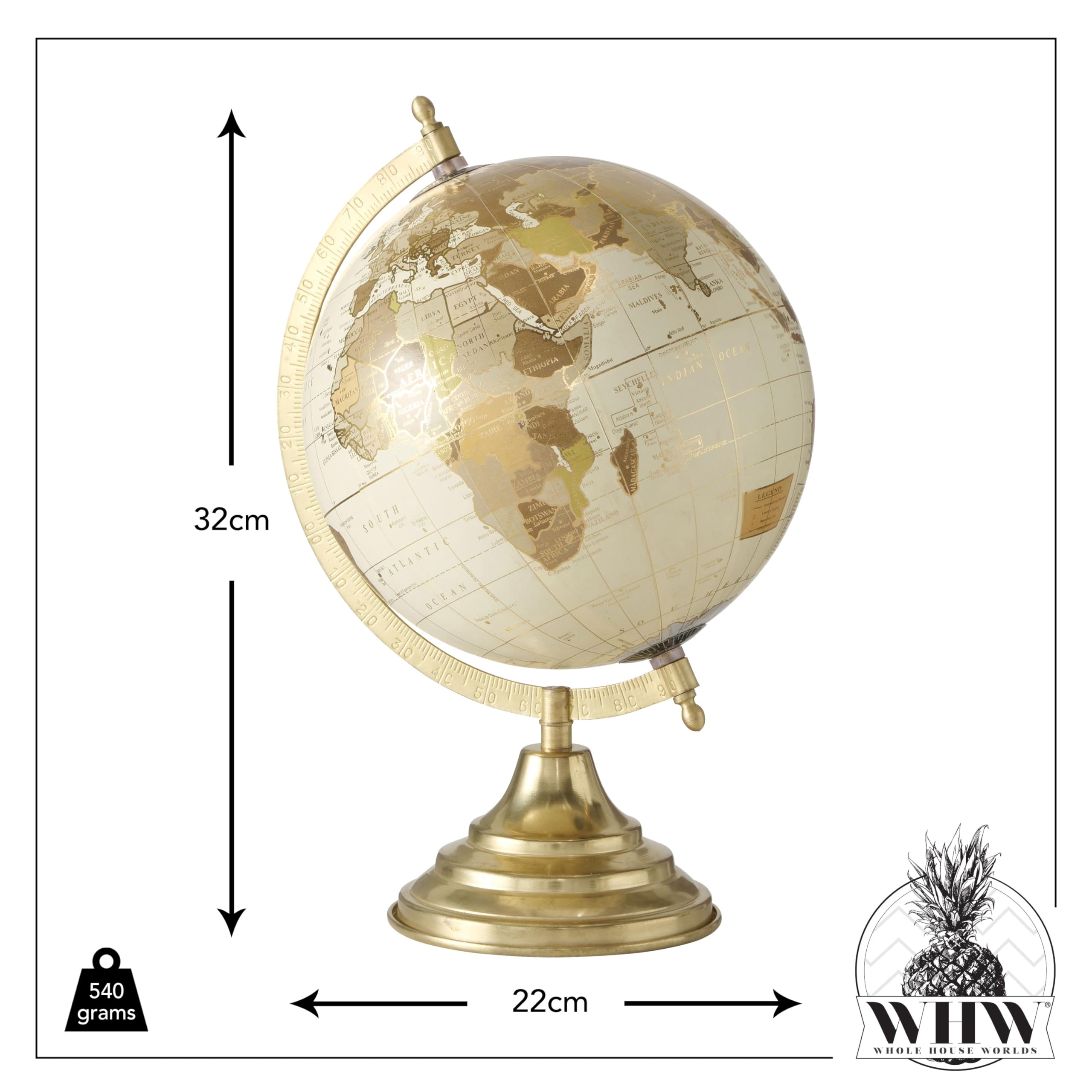 Explorers Globe With Incised Details - Black & Gold, 12.25" Tall, Resin On Crescent Stand, Latitude & Longitude Lines