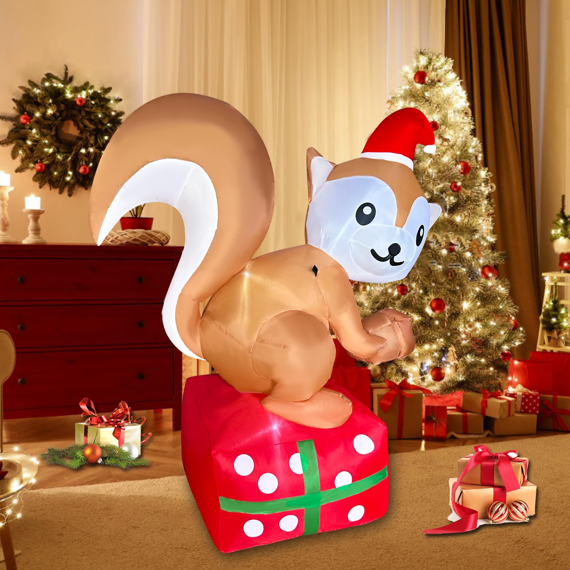 JOYEASE Écureuil gonflable de Noël de 1,5 m debout sur une boîte cadeau, décorations de Noël gonflables à DEL pour fête, intérieur ou extérieur
