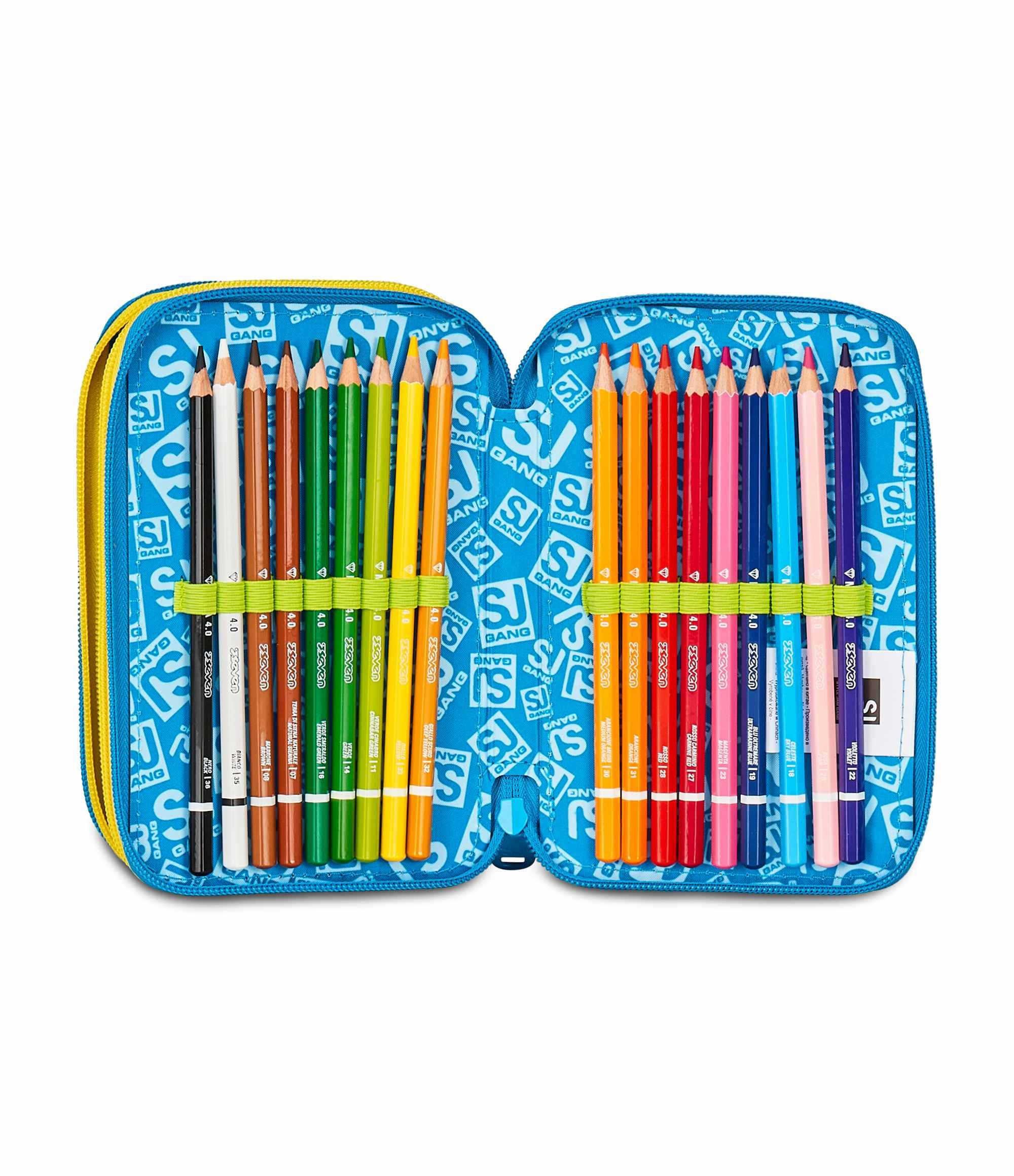 SJ GANG STYLE JAM GANG Astuccio Scuola 3 Zip,Blu e Giallo, Portapenne Triplo Scomparto Completo Di Penne, Matite, Colori, Accessori Zaino, Scuola Elementare, Bambino