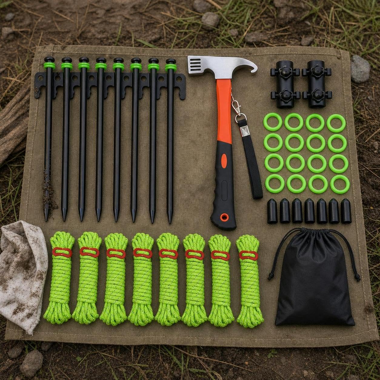 Zeltbefestigungsset sturmsicher für Camping, Zeltheringe Set & Abspannseile, für Zeltzubehör, Set mit 8X 20cm Heringen, 8X reflektierenden Seilen, orangefarbenem Hammer und Zubehör