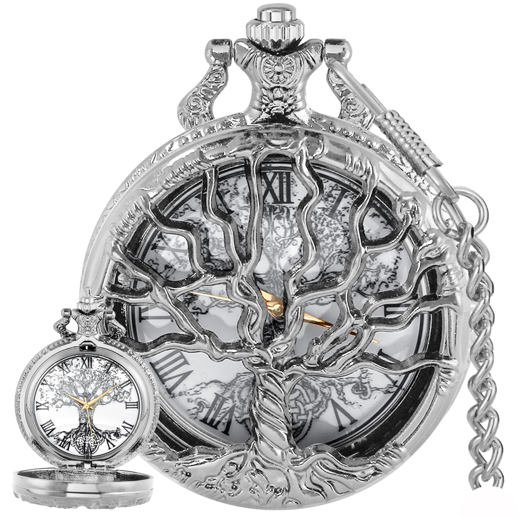 Van Gogh Montre de poche à quartz avec chiffres romains et lune étoilés et boîtier argenté pour homme et femme (avec sac cadeau)
