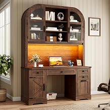 Squireewo Farmhouse Computer Desk with Hutch, 83 inch Height Office Desk with Drawers, Charging Station and Storage Cabinet, Executive Desk with LED Lights for Home Office, Off White