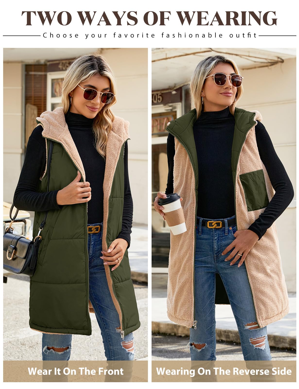 Tuopuda Gilet Donna Lungo in Pile, Smanicato Invernale con Cappuccio, Cappotto Senza Maniche Termico Giubbotto Imbottito Giacca con Cerniera e Tasche