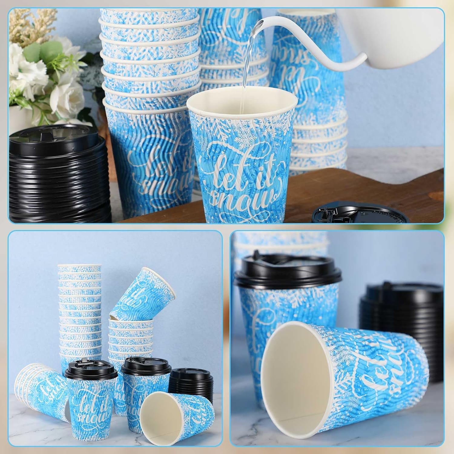 Nuogo 60 Sets 12 oz Christmas Disposable Coffee Cups with Lids Thick Winter Snowflake Paper Cups Insulated Ripple Wall for Christmas Travel Hot Chocolate Cocoa Tea Cold Drinks Liquids - Image 4