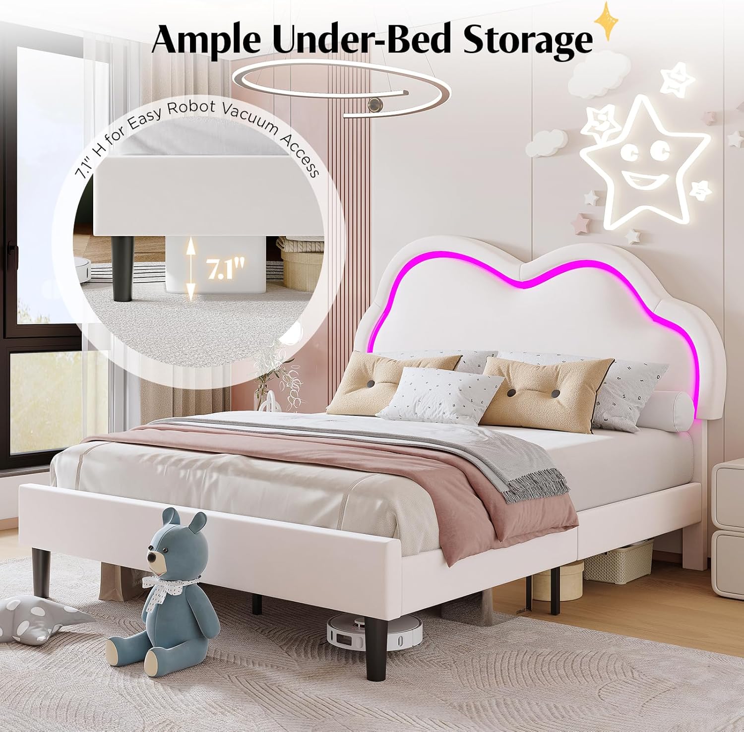 AMERLIFE Queen Size Upholstered LED Bed Frame, Princess Cloud Platform Bed for Kids/Girls with Adjustable Velvet Headboard, Wood Slats Support, No Box Spring Needed, Noise-Free, Cream | Cloud Shape Design, Velvet Upholstery, Height Adjustable, 7.1" Under Clearance, Sturdy Metal Frame