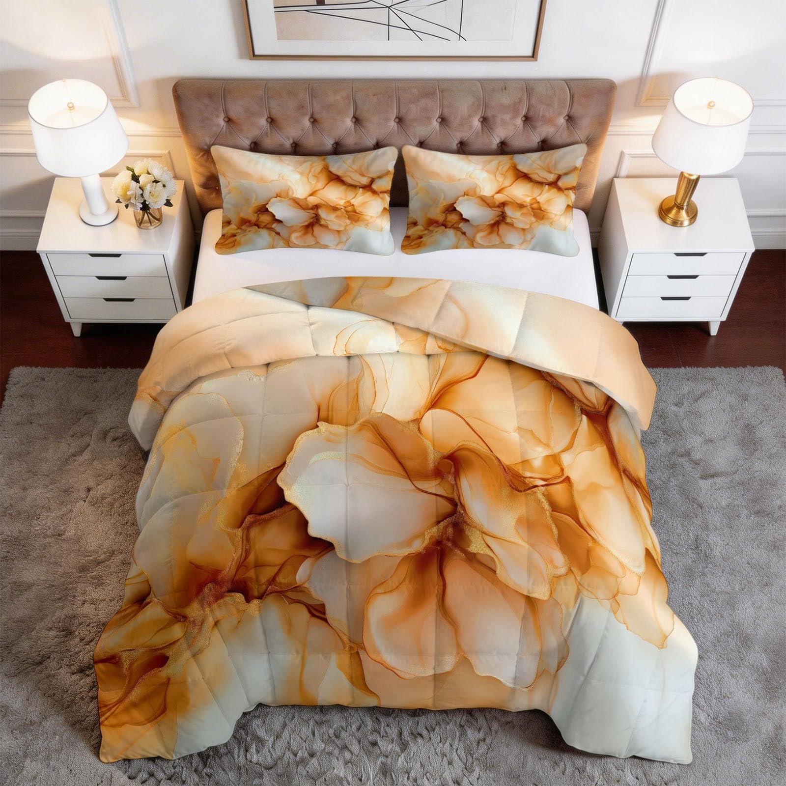 Trapunta Matrimoniale o Singola Stampa 3D 260x240 cm Marmo consistenza Trapunta Set 3 Pezzi con 2 Federe, Piumone Letto 4 Stagioni Trapuntino Traspirante Morbida