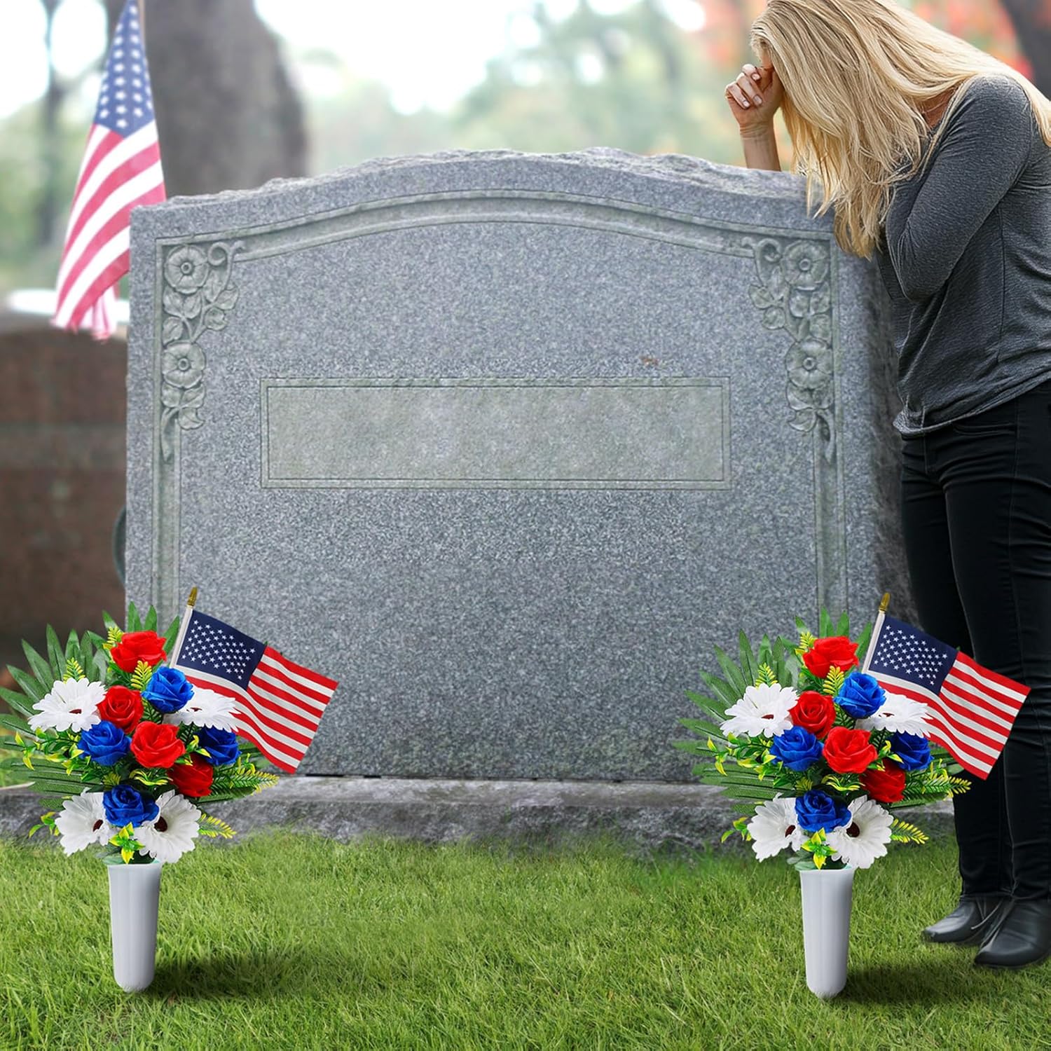 Memorial Day Cemetery Flowers for Grave - Red White Blue Bouquet with American Flags & Vase, Grave Decorations for Veterans Cemetery Headstones Decors, 2 Pack
