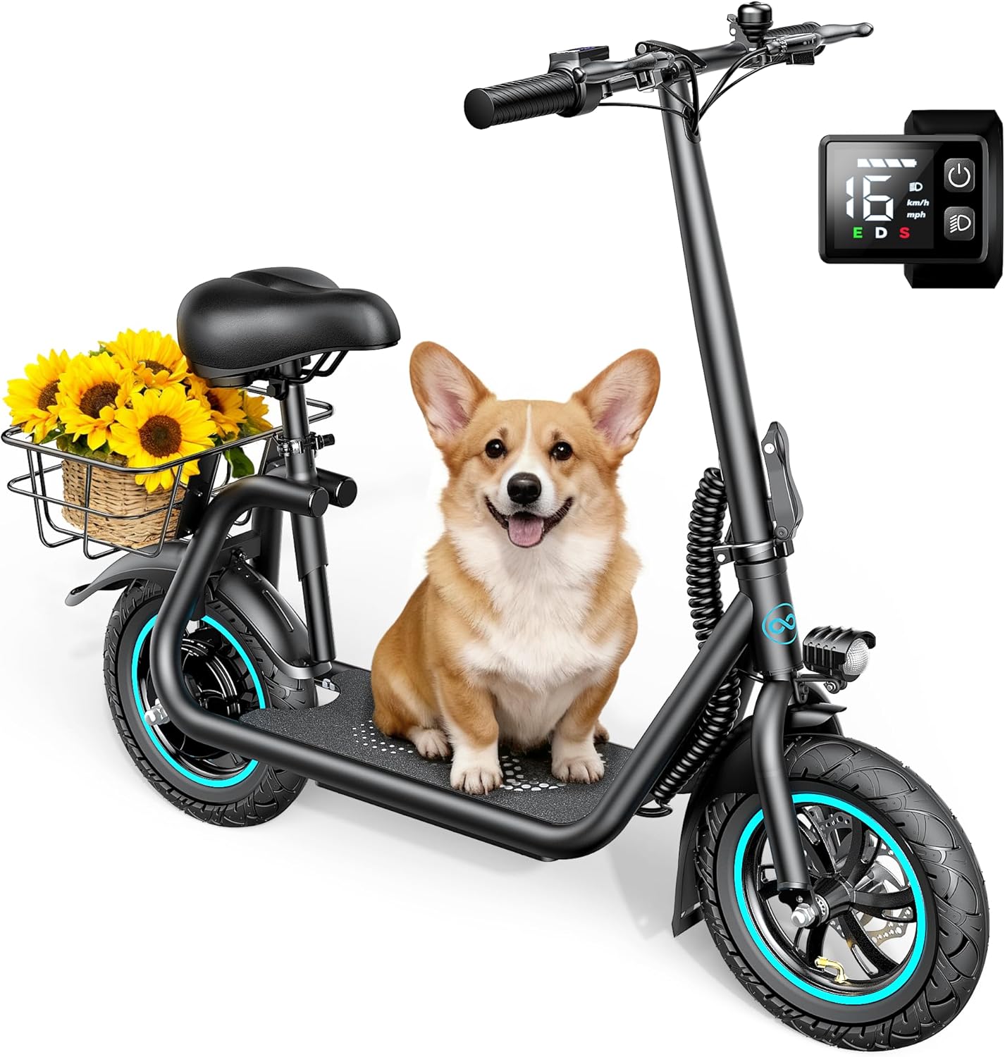 c1 electric scooter with seat for adults, 450w powerful motor, 20 mile long range, 16 mph foldable commuter e-scooter with basket for daily commute, grocery, or pet travel – carbon black