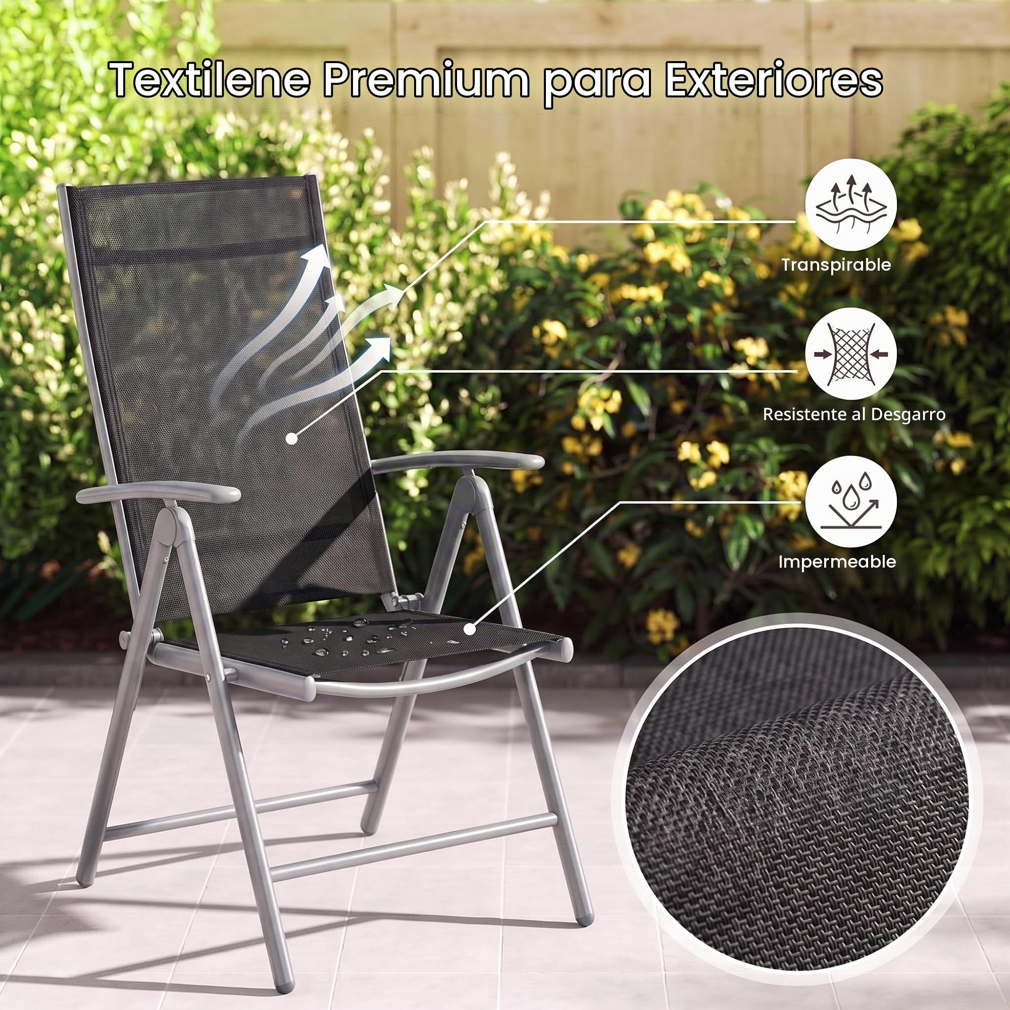 LIFERUN Juego de 2 Sillas Plegables de Jardín de Aluminio, Gris Plata