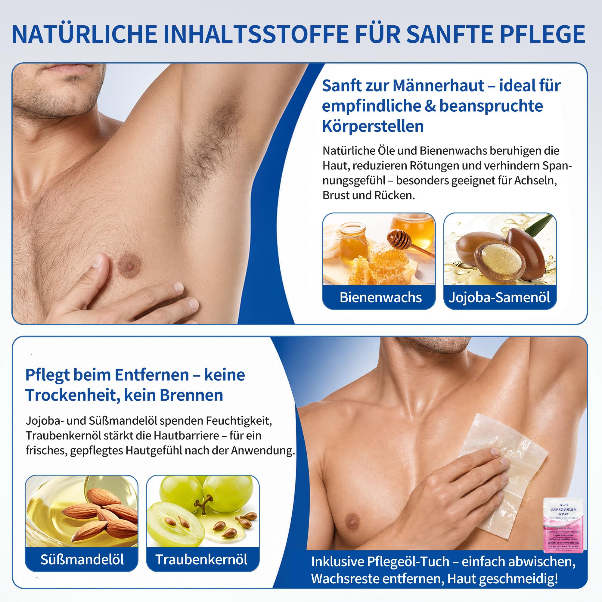Beauty7 Kaltwachsstreifen für Männer – Für empfindliche Haut | 20 Streifen + 4 Pflegeöltücher – Sanfte & effektive Haarentfernung an Brust, Rücken, Achseln und Beinen