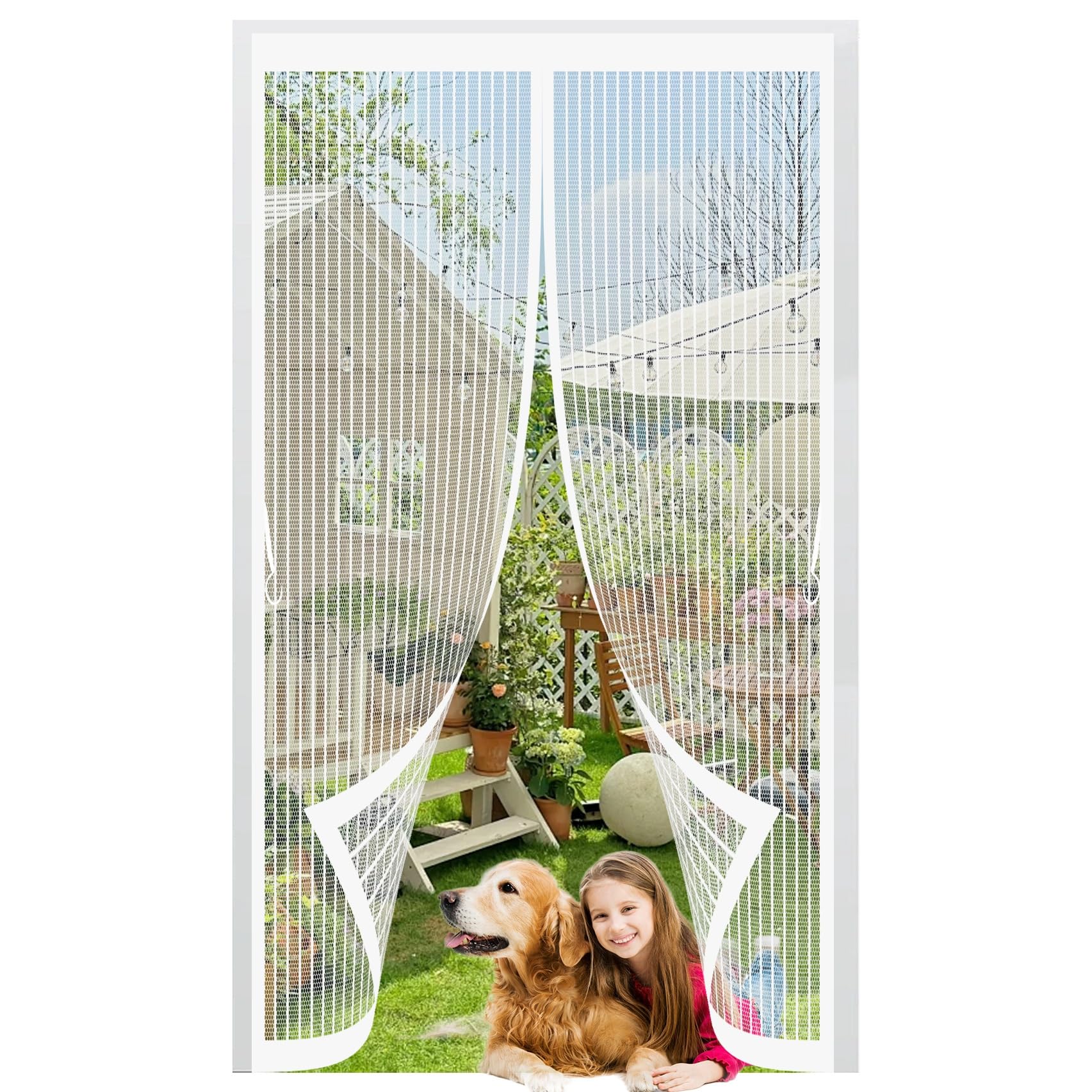 Magnetic Screen Door 82 x 182 cm with Powerful Magnets & Full Frame Magic Tape No Gap, Lets Fresh Air in, Keep Bugs Out Screen Door Fly for Patio Doors Balcony, White