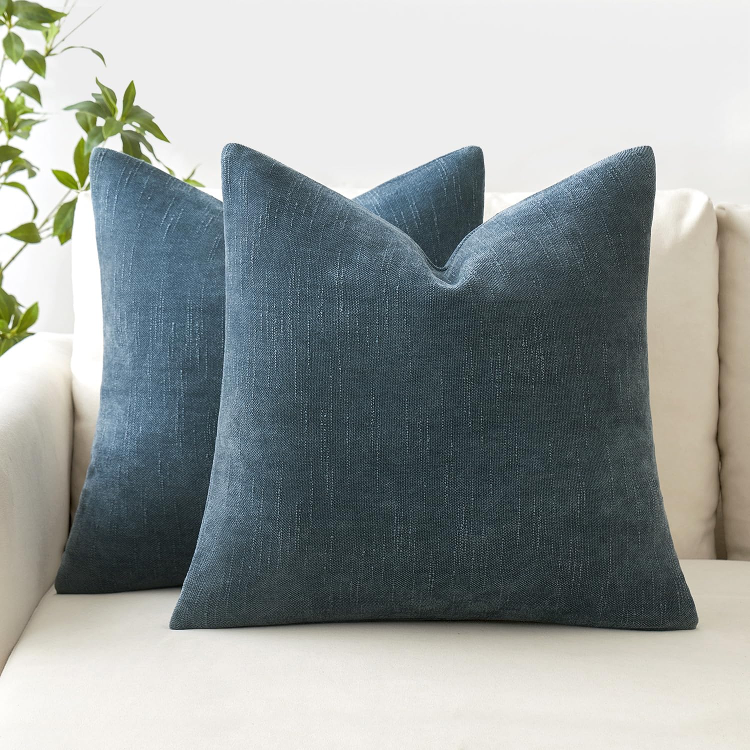 ANRODUOPack of 2 Dusty Blue Soft Textured Decorative Pillow Covers Square Solid Throw Pillow Covers Cozy Chenille Farmhouse Cushion Covers with Zipper Couch Sofa Bed Living Room Fall Decor 18x18 Inch