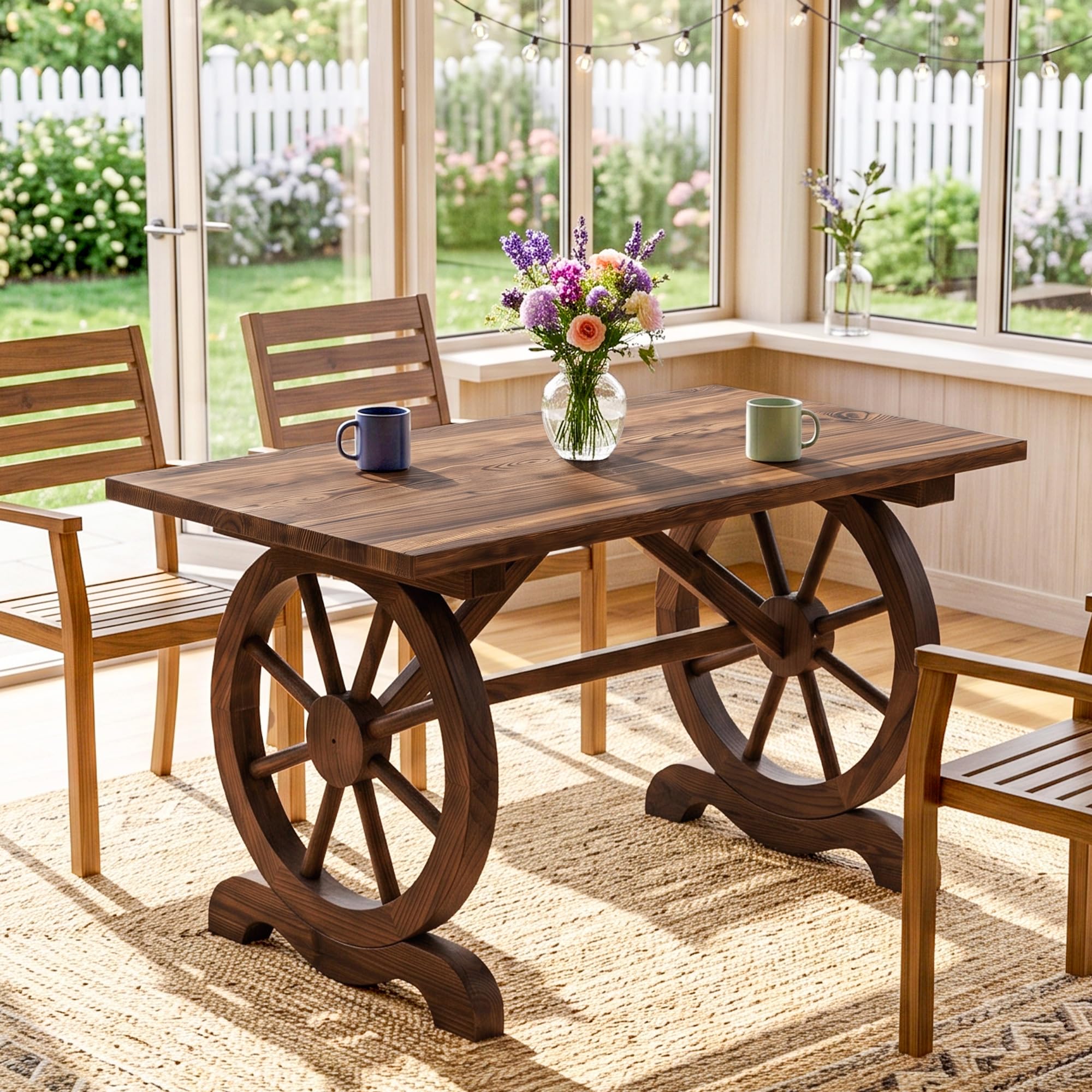 Outsunny Mesa de Jardín de Madera con Patas en Forma de Rueda, Mesa de Terraza Exterior, 110x60x65 cm, Carga Máxima 100 kg, para Patio, Exterior, Madera Carbonizada