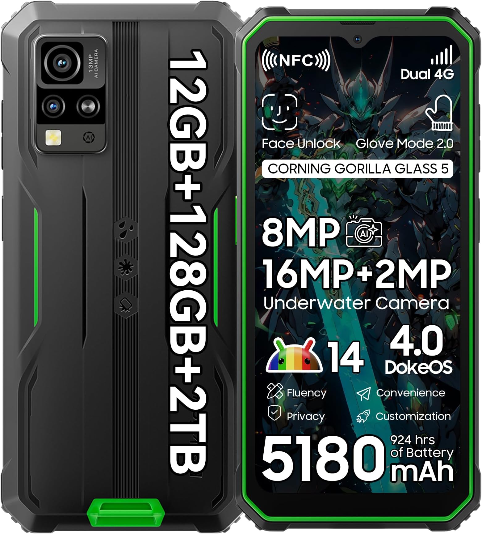 Blackview BV4800 Pro Android 14 Rugged Phone Unlocked, Octa-core 12GB+128GB/SD 2TB, IP69K Waterproof Rugged Smartphone, 6.56''HD+Display, 5180mAh Battery, NFC, 4G Dual SIM, 3 Card Slots,Glove Mode,GPS