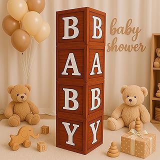 Rustic Wood-Look Baby Letter Boxes – 4 Large 10.6″ Cubes for Baby Shower, Gender Reveal & Nursery Décor