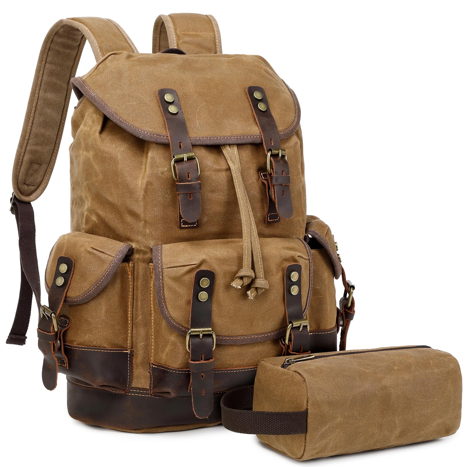 Yamons Vintage Leather Canvas Backpack, Waxed Canvas Shoulder Rucksack for Travel Laptop Bag for Business Travel Backpack With Toiletry Bag(Khaki)