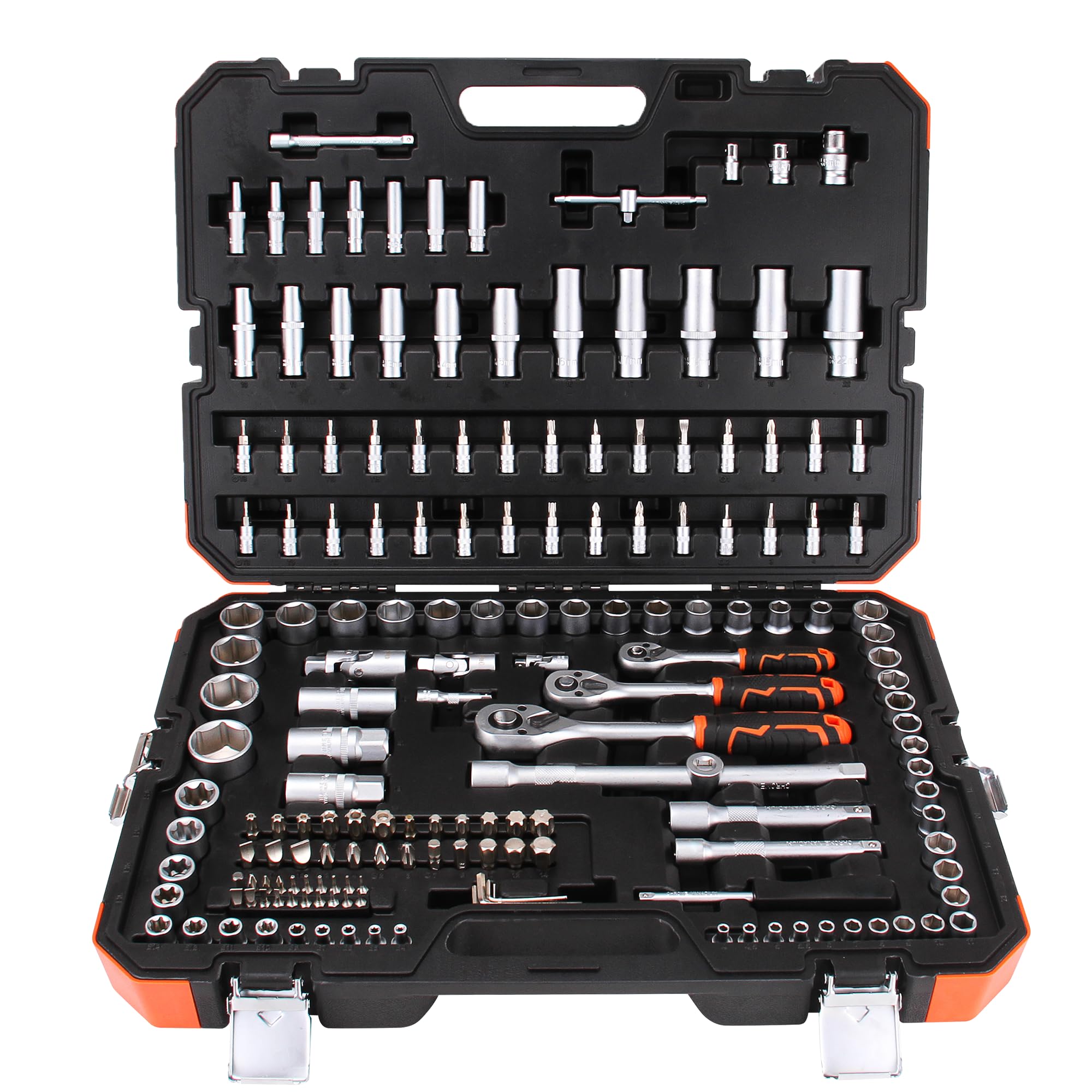 REALTEK 172 Piece Socket Set 1/4" 1/2" 3/8", Car Tool Kit with Bit Socket Set, 72 Teeth Quick Release Reversible Ratchet Set, CR-V Professional Mechanics Tool Set for Auto Repairing and Household