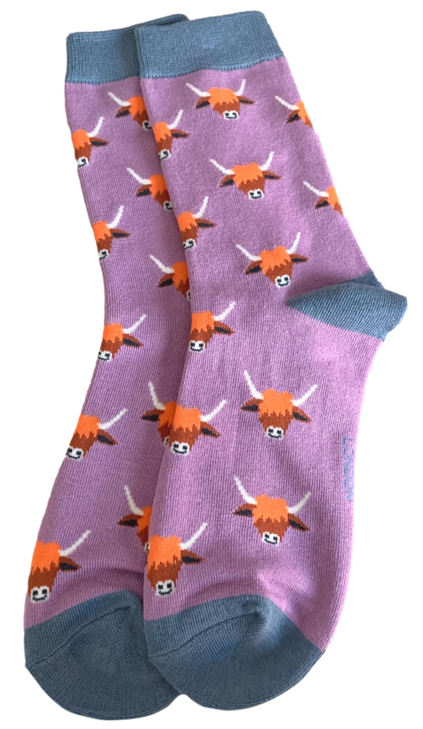 Purple Possum Women's Purple Possum® Highland Cow Socks Cattle Cows Hairy Coos Lilac Fun Novelty 1 Pair Size 3 To 7