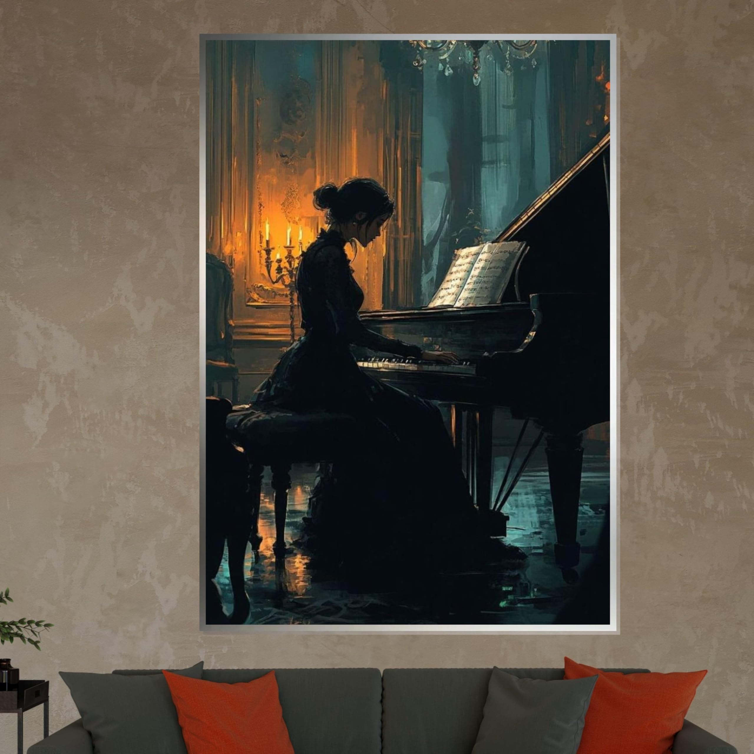Elegante tela con pianista, dipinto d'arte di musica classica, decorazione con silhouette di pianoforte a coda, design di tela artistica da parete, quadri da parete (80x110 cm/cornice interna)