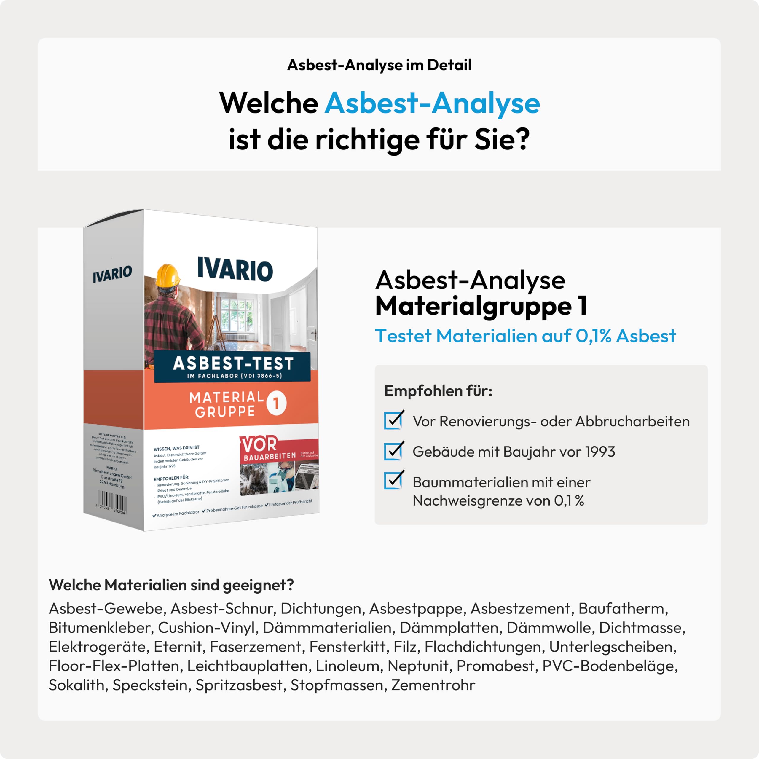 IVARIO Asbest-Test für Dämmplatten, Eternit, Linoleum, Fensterkitt, Zement, PVC, Dichtungen, Bitumenkleber, Cushion-Vinyl