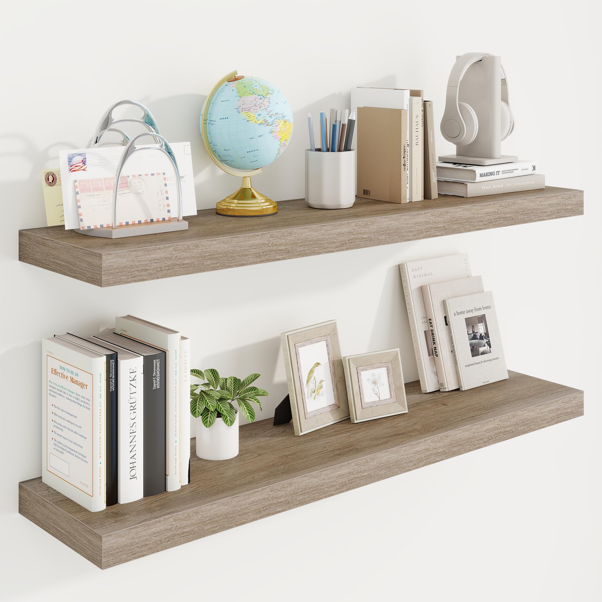 Acovy 100cm Floating Shelves, 23.5cm Deep Floating Shelf Wall Mounted, 100cm Wall Shelves, Rustic Deep Bookshelf, Large Display Shelves & Storage Shelves for Bedroom, Living Room, Grey, Set of 2