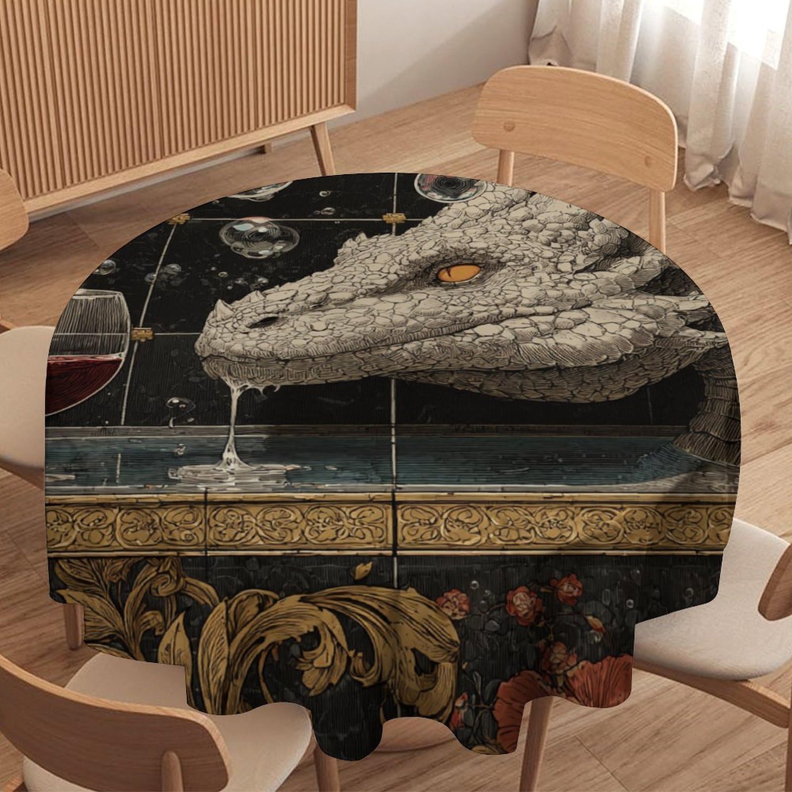 LUYYSKY Classic Abstract Cool Dragons Round Tablecloth Funny Watercolor Bathroom Art Fantasy Animal Dragons Floral Washable Decor for Table Cover for Kitchen-127 Wx127 L cm