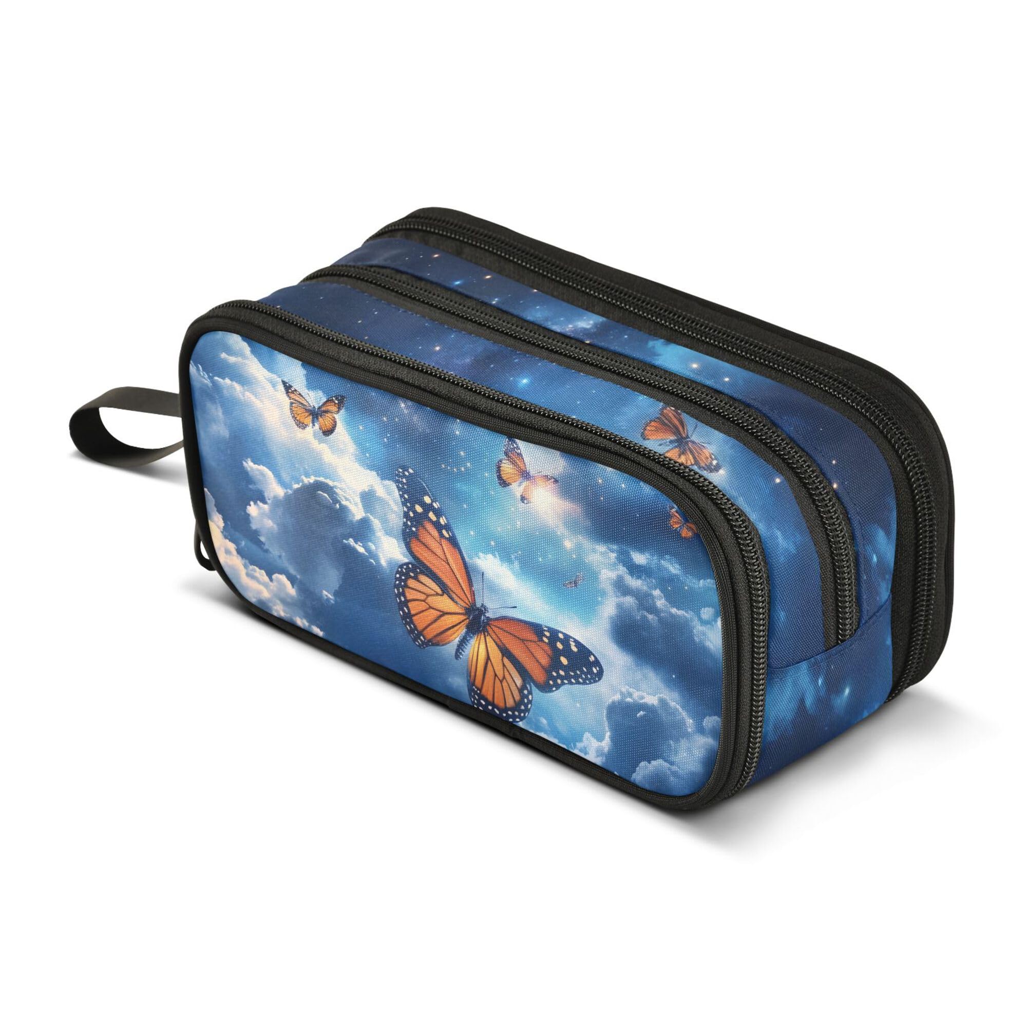 Large Pencil Case, Big Capacity Pencil Bag Pen Pouch Holder 3 Compartments, Butterfly Sky School Office Supplies Stationery Makeup Bag Storage Organizer for Students Girls Boys Women Men — image 1