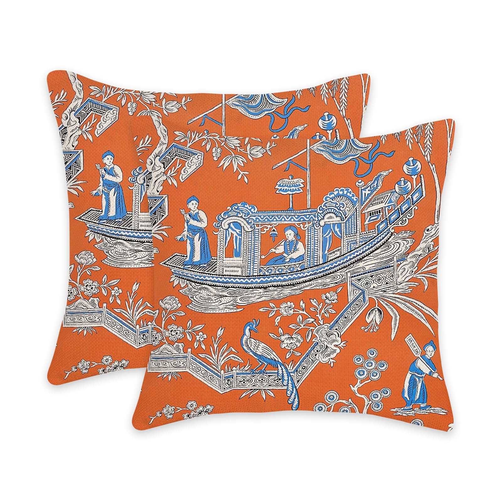 Traditional Pattern Orange Fishermen Throw Pillow Covers 18X18 Inch - Set of 2 Home Decor, Bedroom Bed Outdoor Couch Sofa Pillow Covers(18x18, Fisherman)