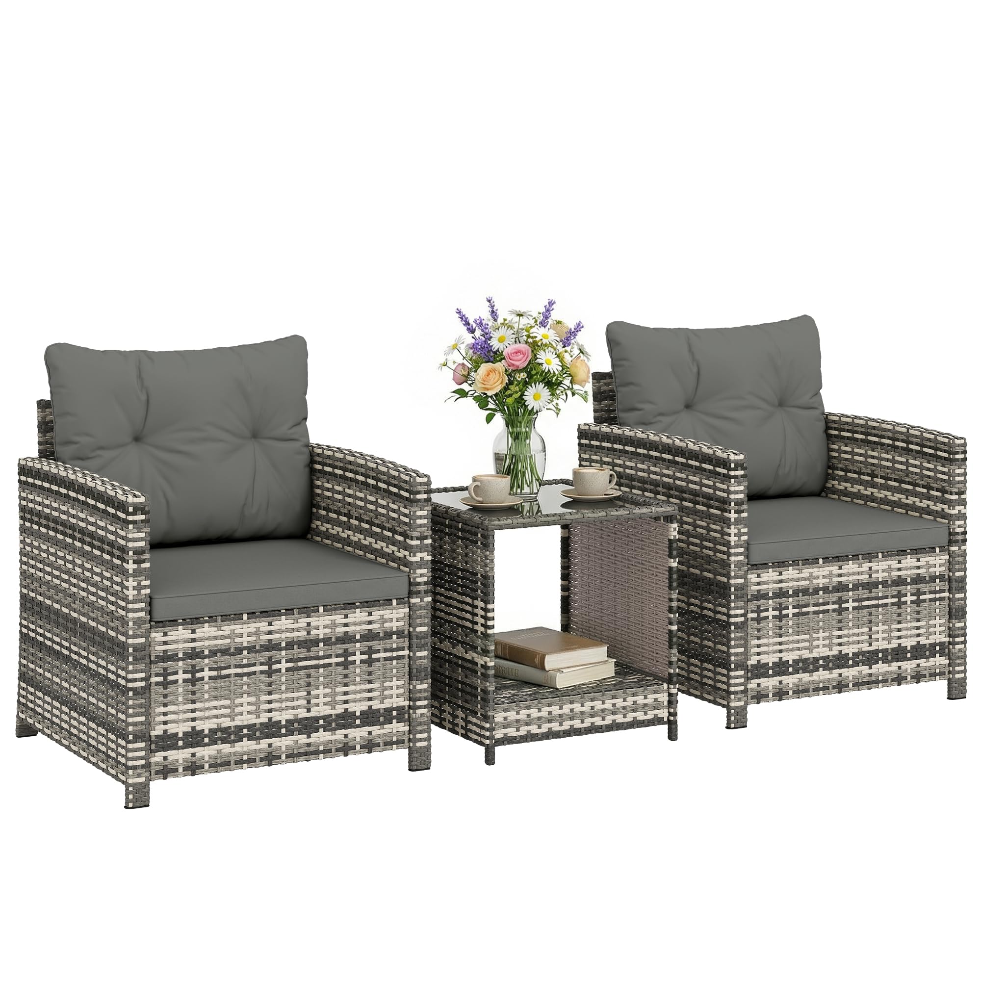 Outsunny Salon de Jardin Extérieur 3 Pièces en Résine Tressée Gris Clair | avec Table de Rangement, 2 Fauteuils, Coussins Déhoussables, Mobilier Terrasse Patio Balcon