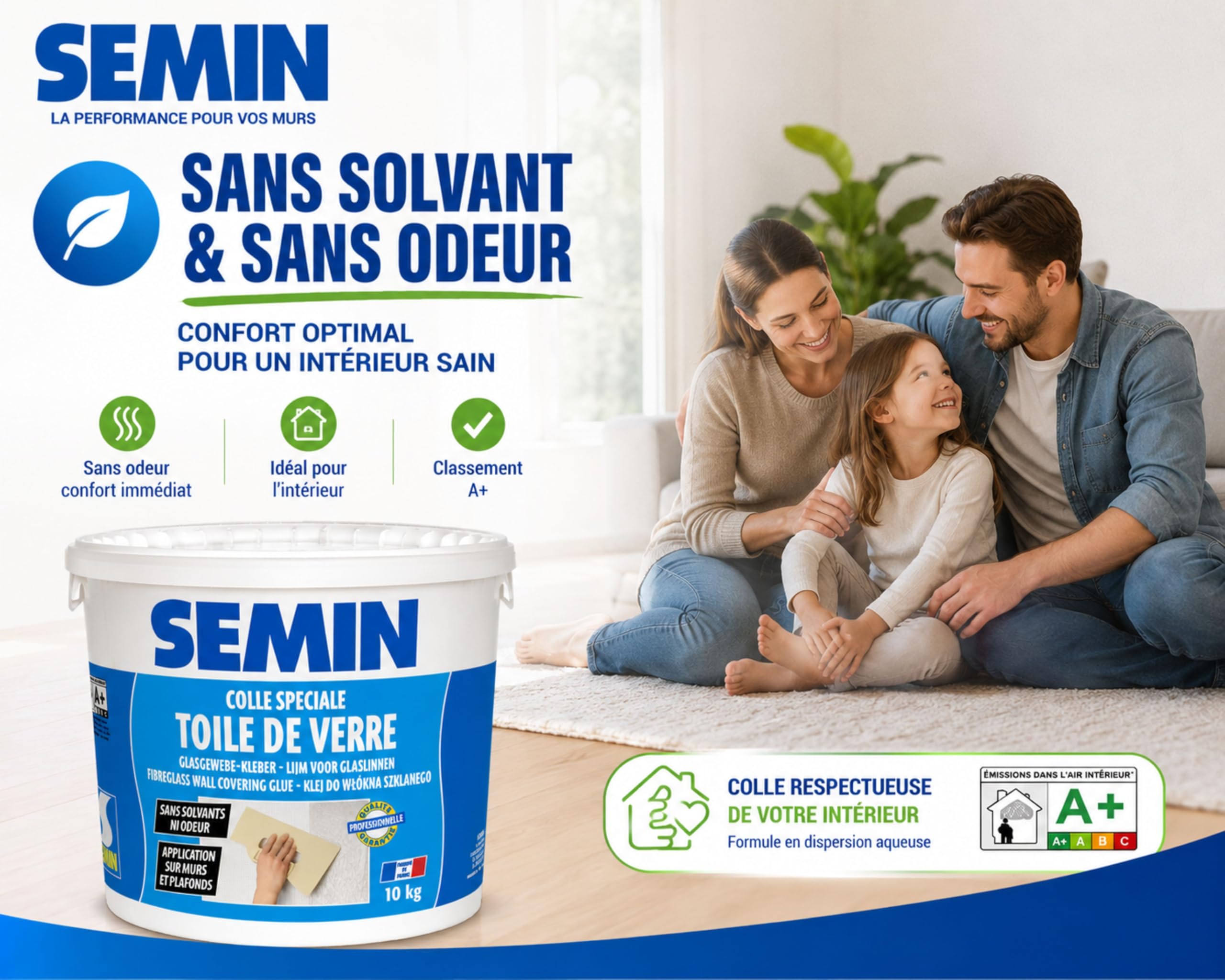 SEMIN Colle Toile de Verre 10 kg – Colle Prête à l’Emploi Sans Solvant et Sans Odeur – Forte Adhérence – Jusqu’à 50 m² – Murs, Plafonds et Pièces Humides – Fabrication Française