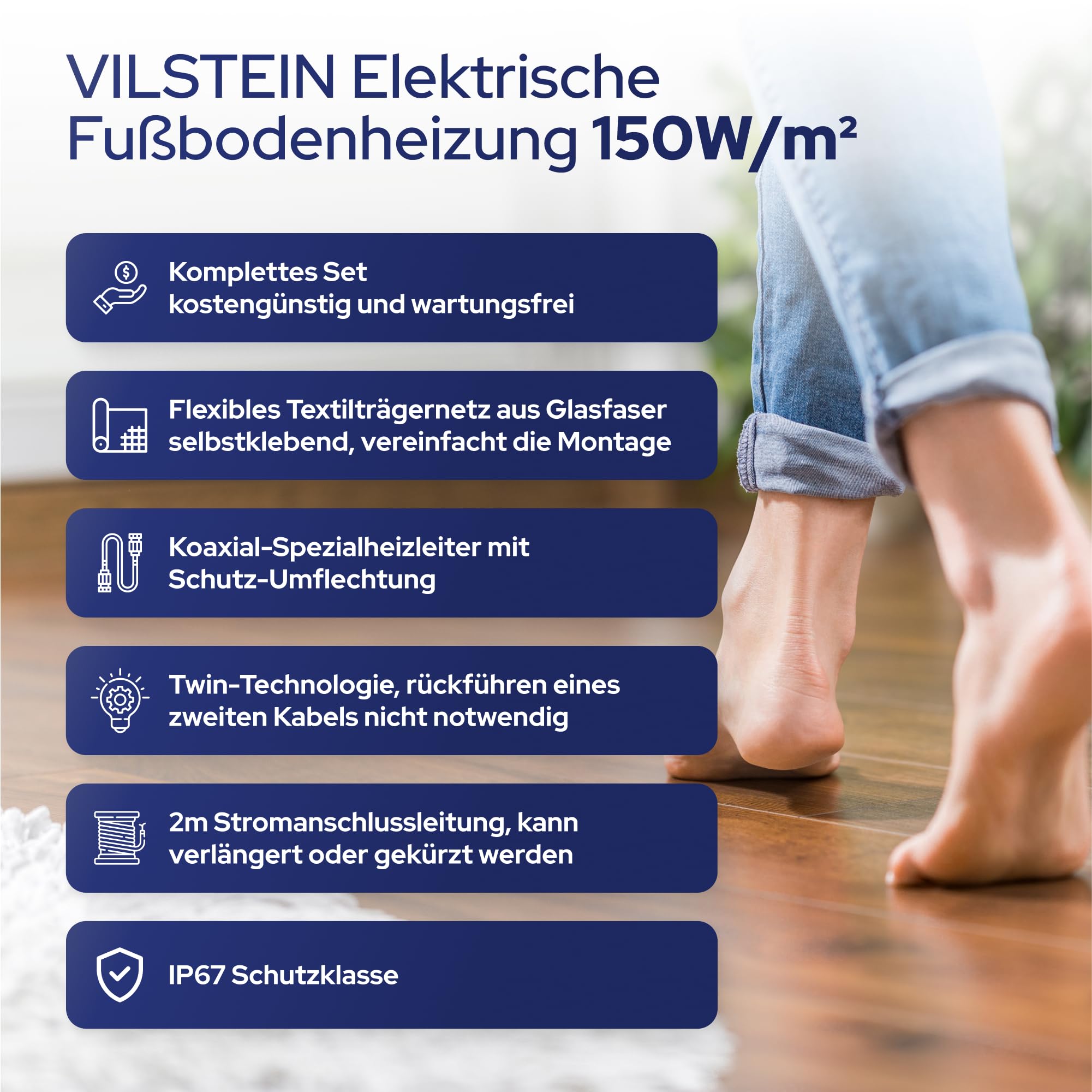 VILSTEIN® Elektrische Fußbodenheizung 150W/m² – Komplettset mit Touchscreen-Thermostat – IP67 Heizmatte für Fliesen, Laminat, Parkett & mehr – Twin-Technologie – 1m² bis 15m²