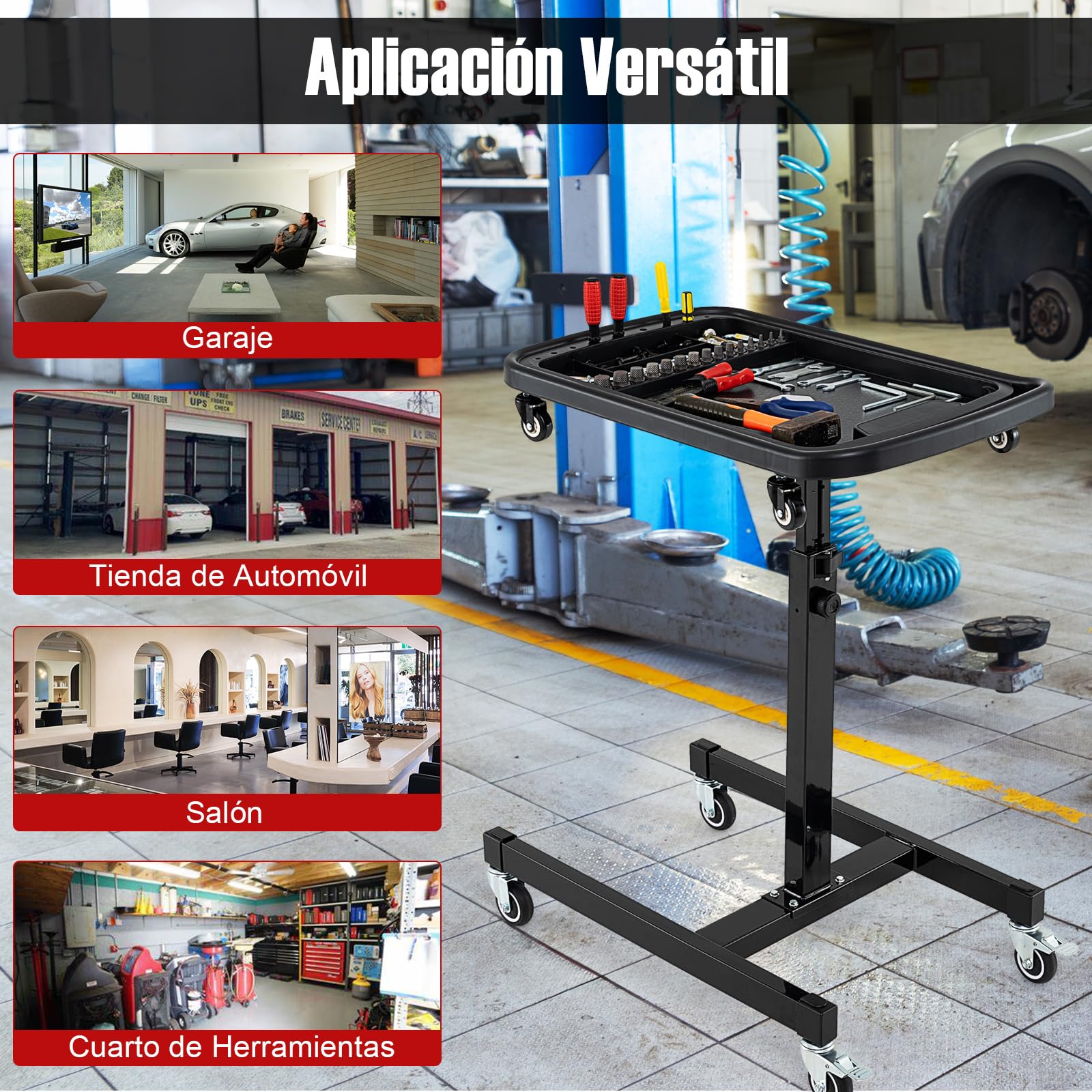 COSTWAY 2 en 1 Bandeja de Herramientas Rodante, Mesa de Trabajo Ajustable con Bandeja Desmontable, Carrito Portátil Mecánico con 4 Ruedas para Garaje, Taller de Reparación, Carga Máxima de 60 kg