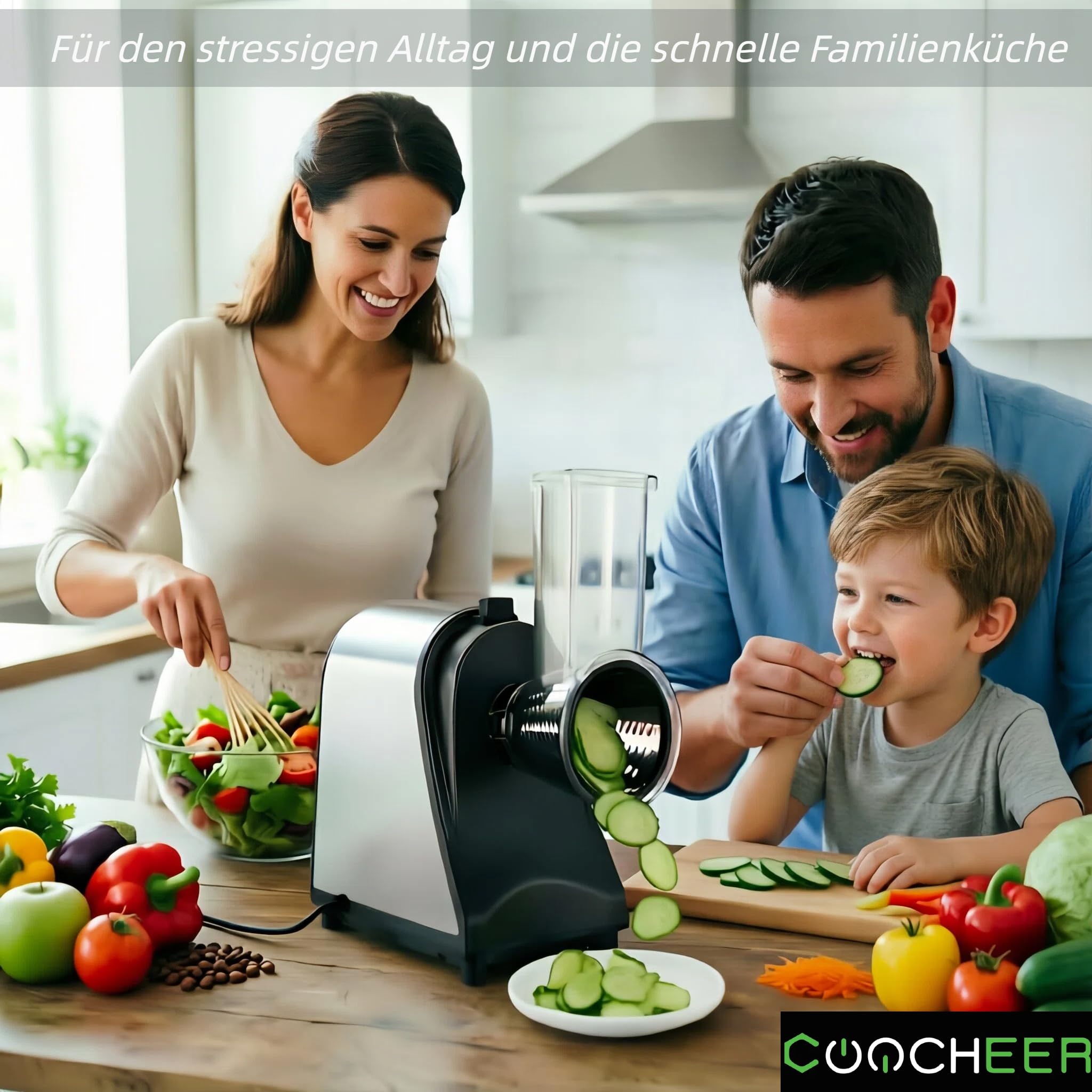 Nictemaw Cortador de Verduras Eléctrico 250W - Acero Inox | Rallador de cocina 5 en 1 para queso, patatas y verduras. Sin BPA y apto para lavavajillas